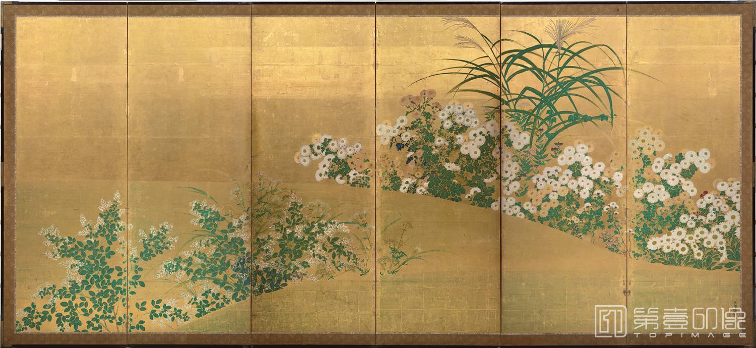 国画 日本平安时代俵屋宗雪秋草图屏风纸本金底 2 1585 626 高清国画 第壹印像