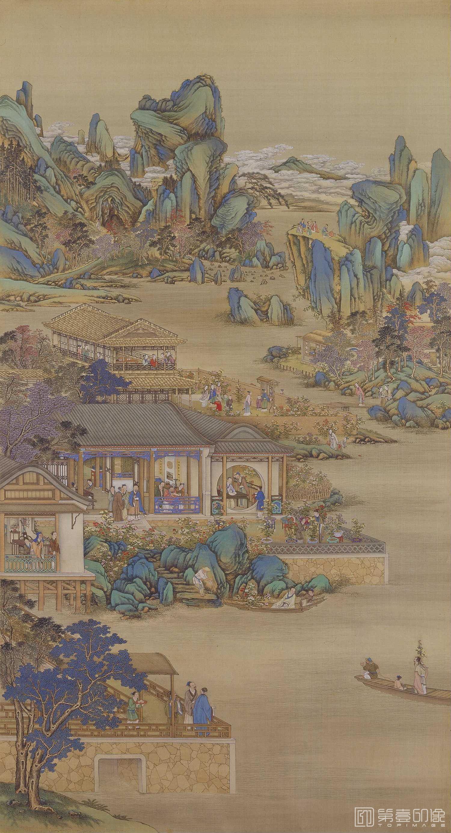中国・掛軸 清『雍正十二月行図軸』之『二月踏青』　印刷紙本　風景画　書画419 掛軸