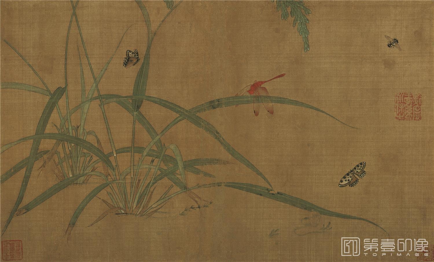 国画-嘉禾草虫图-绢本-45X27cm
