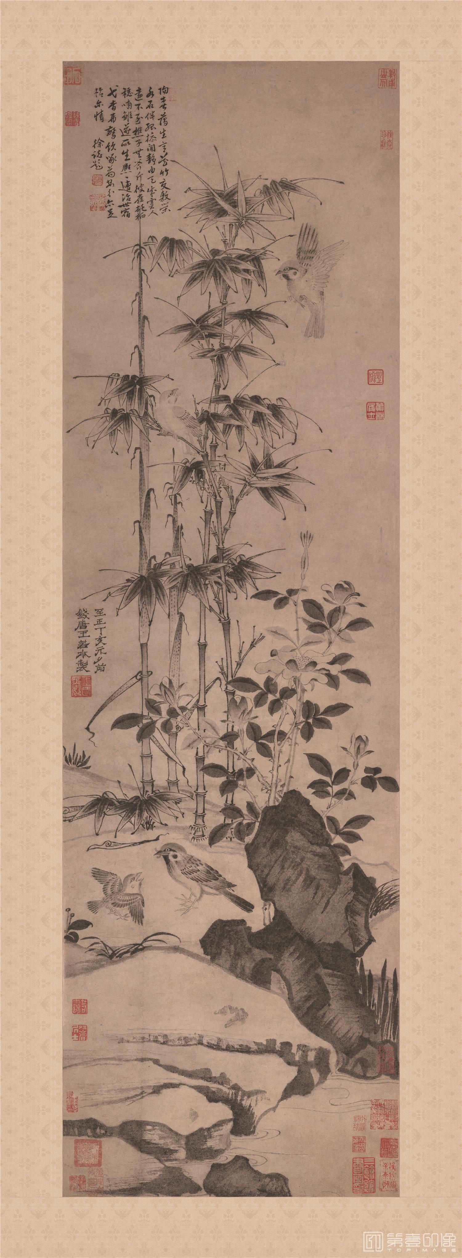 国画-麻雀山禽图立轴纸本-60x198cm