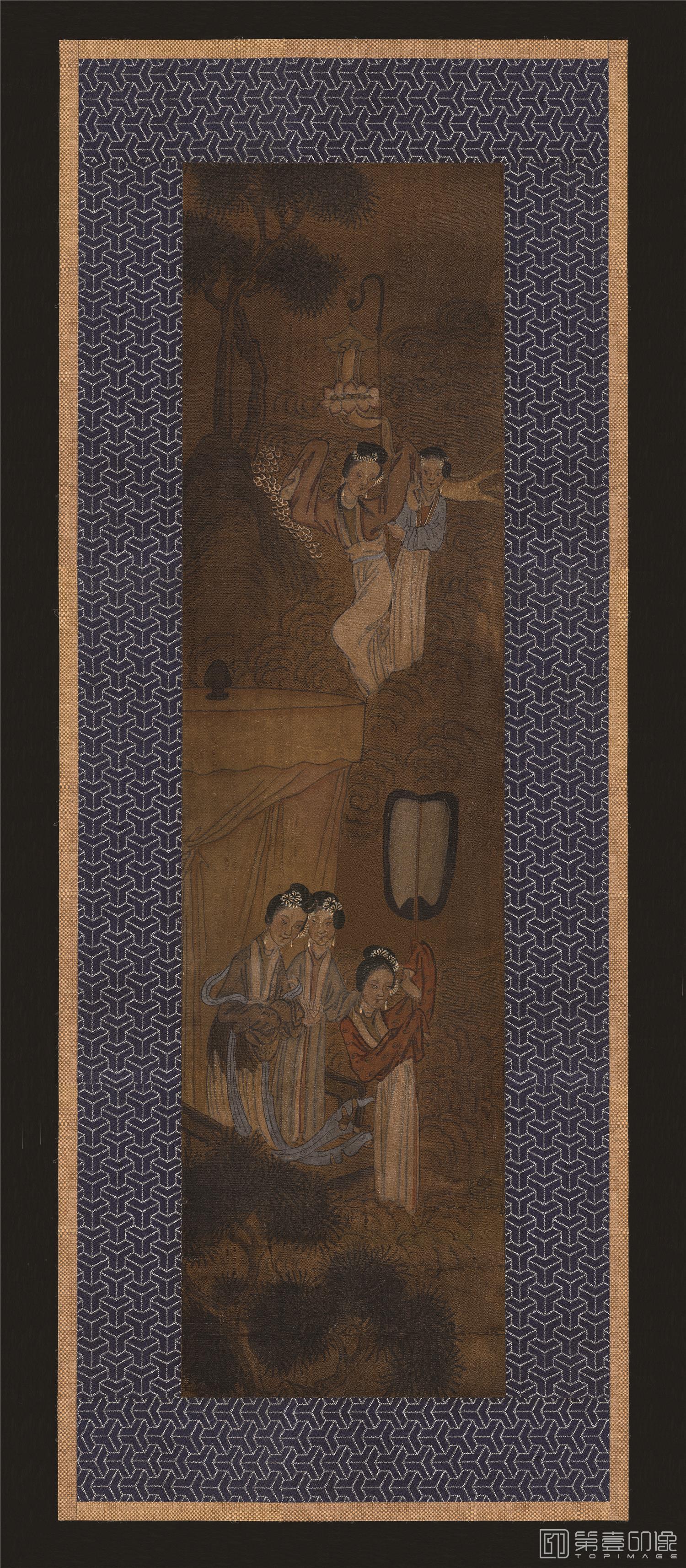 国画-仕女出行图轴麻布-33x124cm