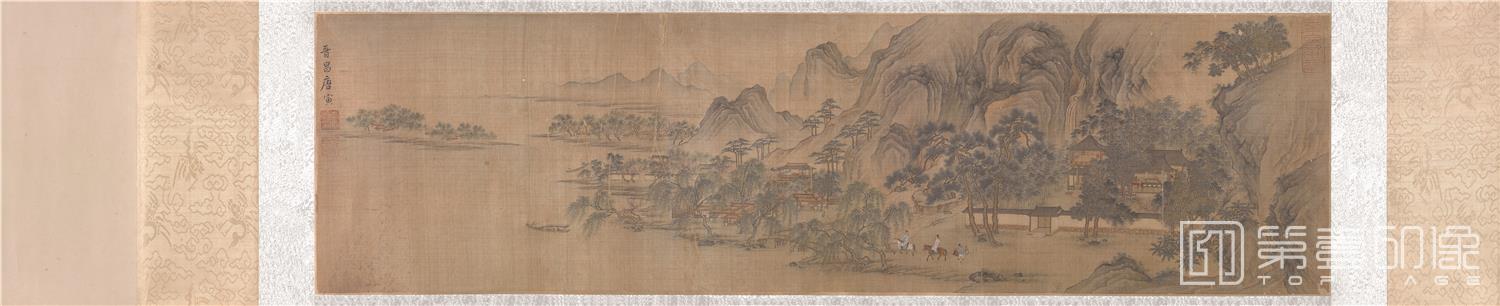 国画-水村行旅图卷纸绢本-31.4x115.2cm