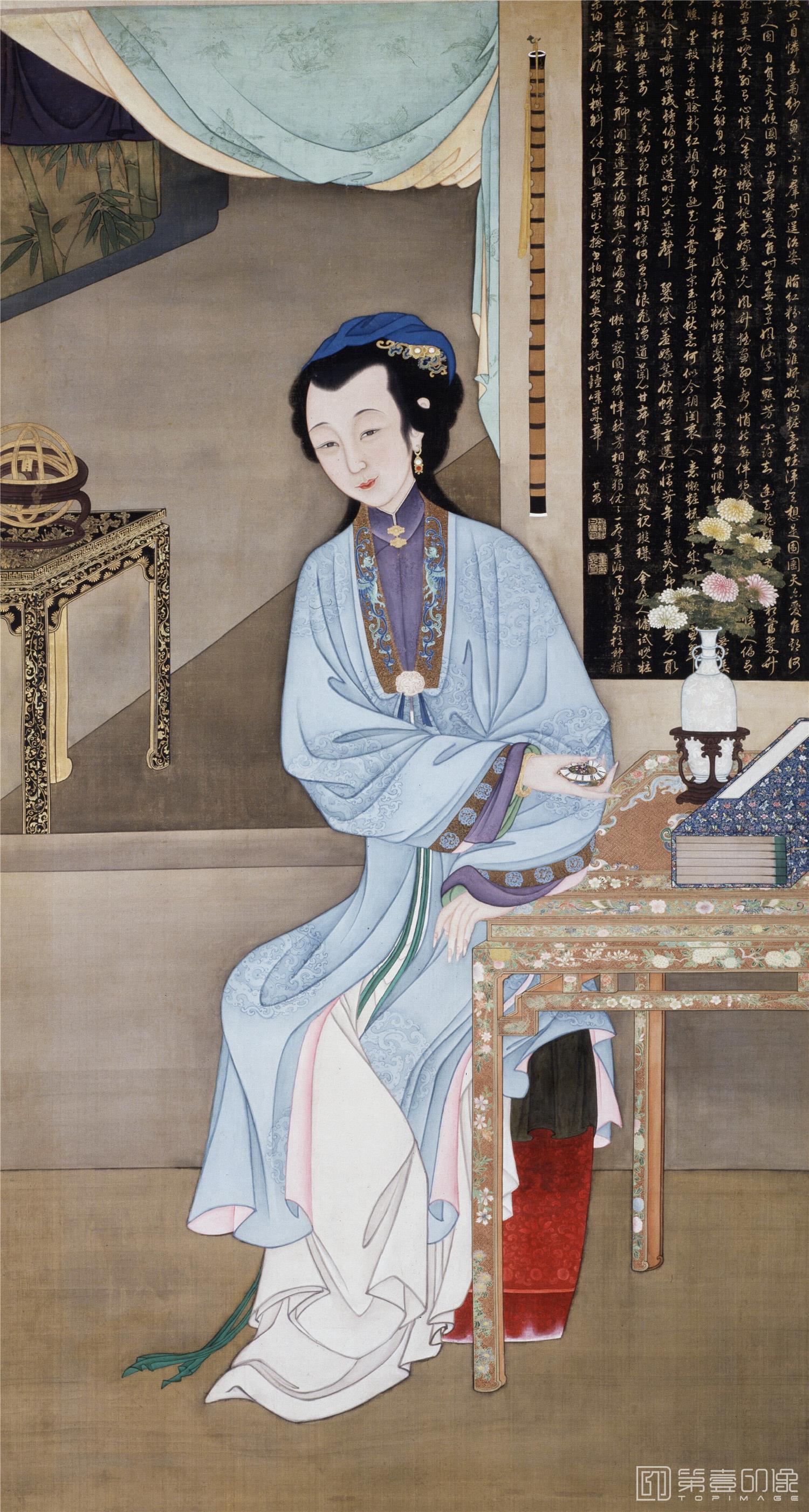 国画-雍正十二美人图 胤禛美人图绢本-持表观菊