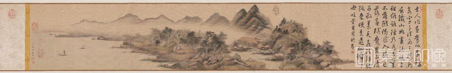 国画-烟树山亭手卷全卷绢本-29×175