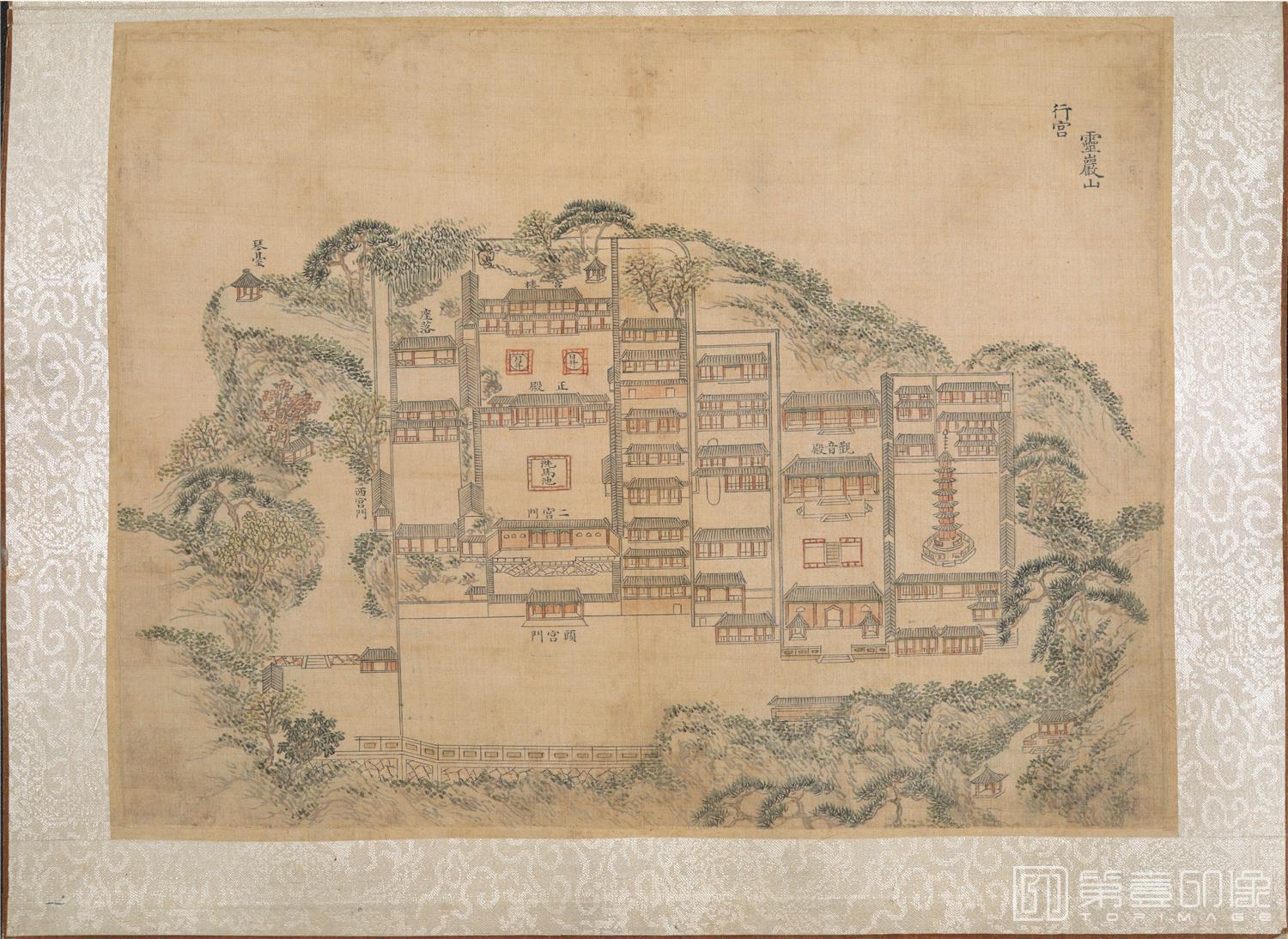 国画-乾隆南巡驻跸图页23帧 灵岩山行宫-苏州绢本-40×29.5cm