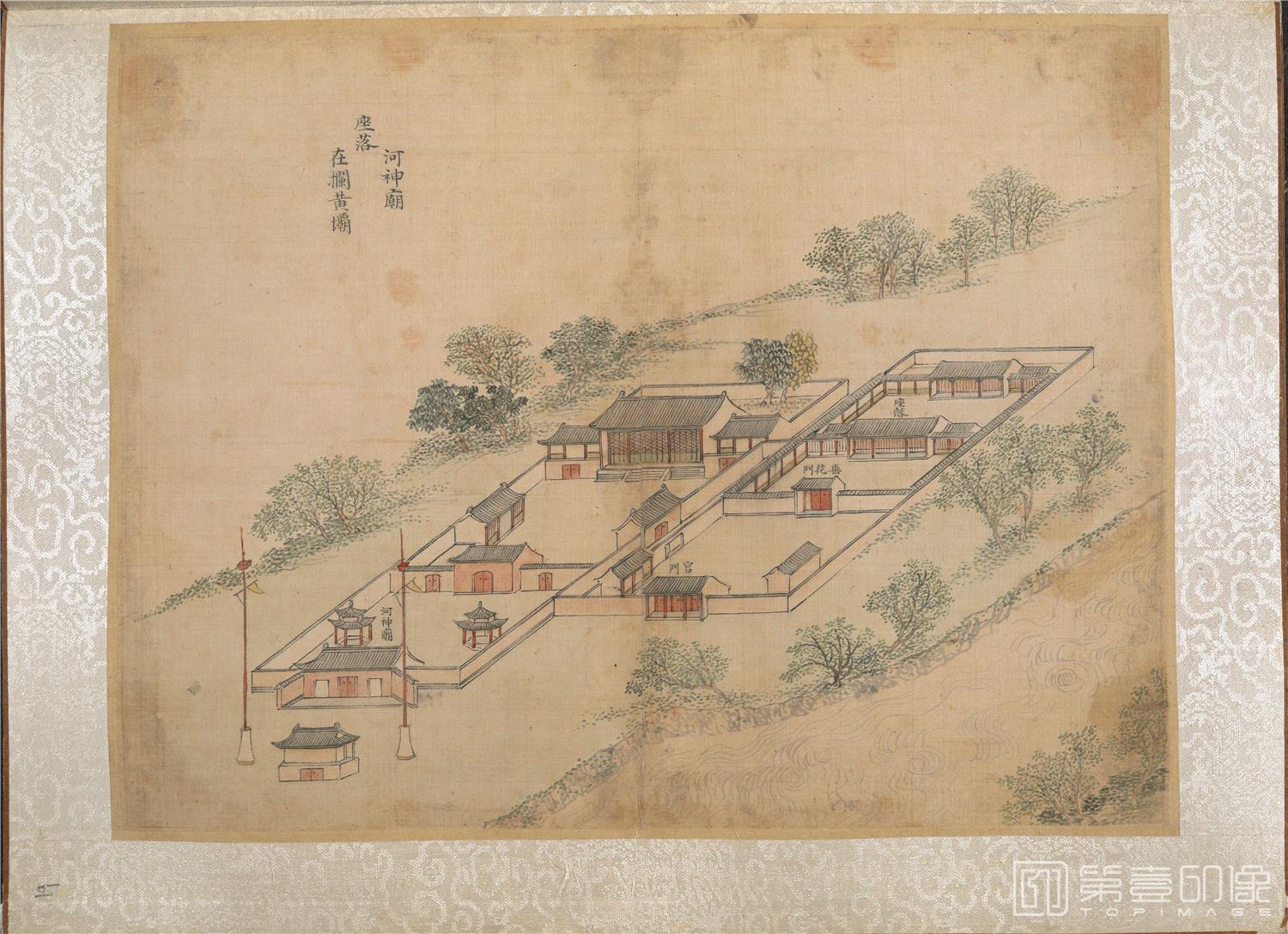 国画-乾隆南巡驻跸图页23帧 河神庙-清江县拦黄坝-绢本-40×29.5cm