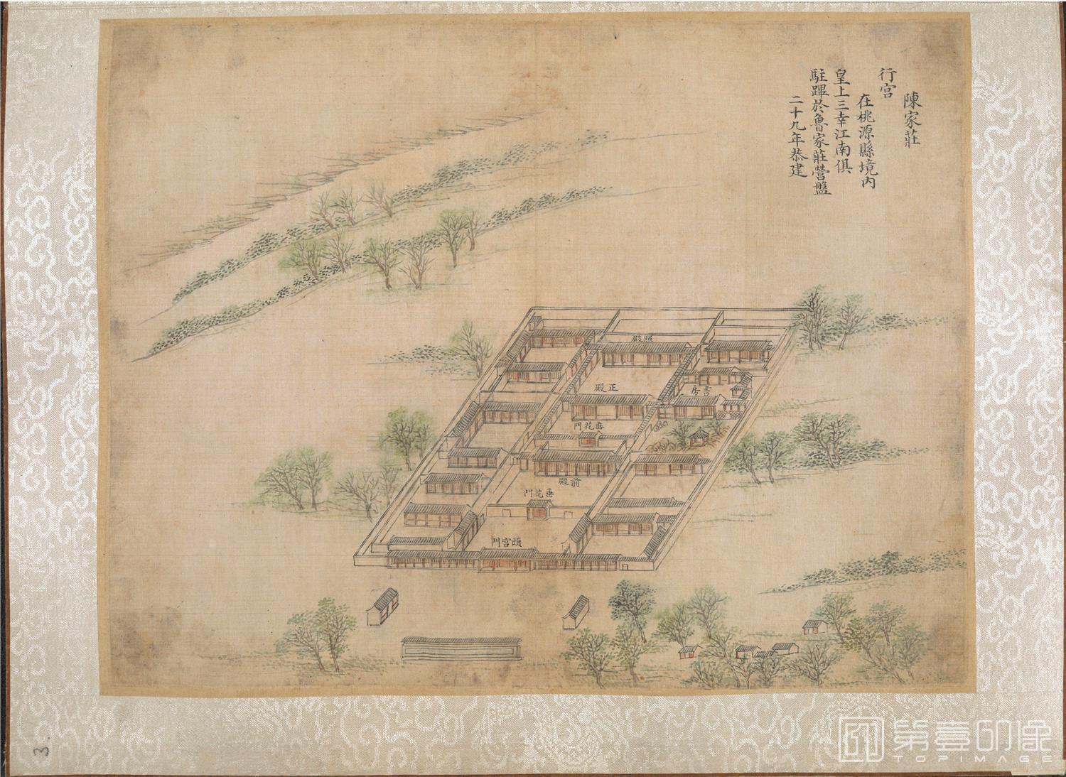 国画-乾隆南巡驻跸图页23帧 陈家庄行宫-桃源县-绢本-40×29.5cm