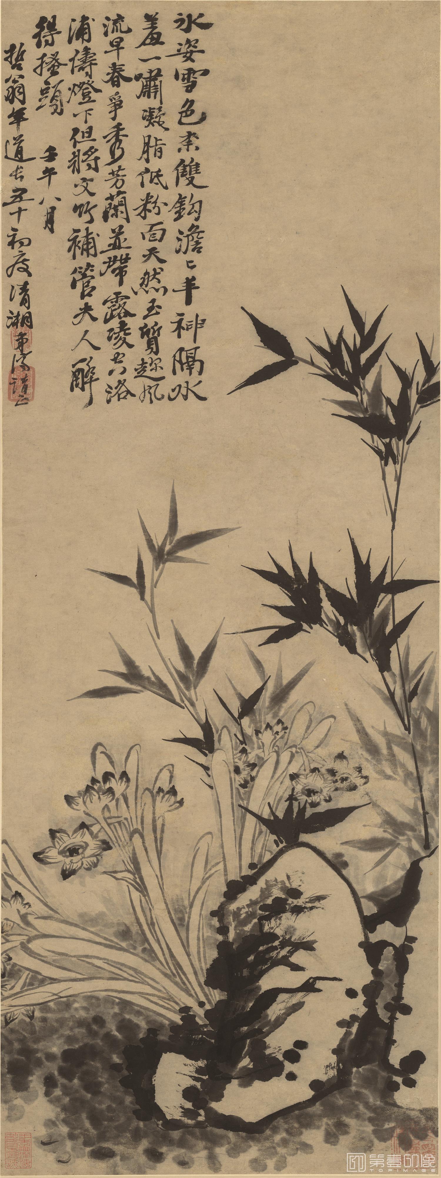 国画-水仙竹石-002