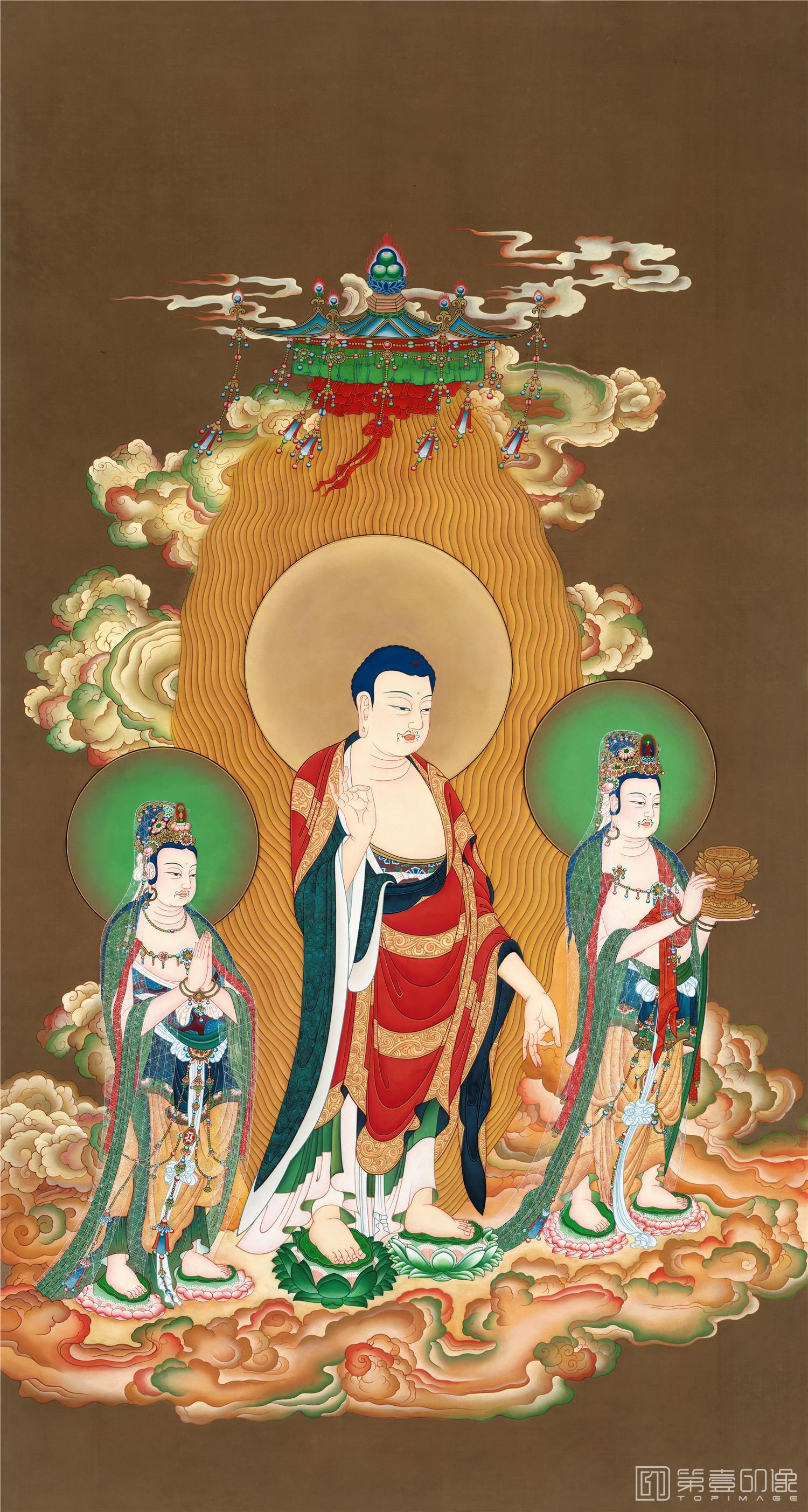 国画-西方三圣 (阿弥陀三尊)合像图立轴绢本-174x93
