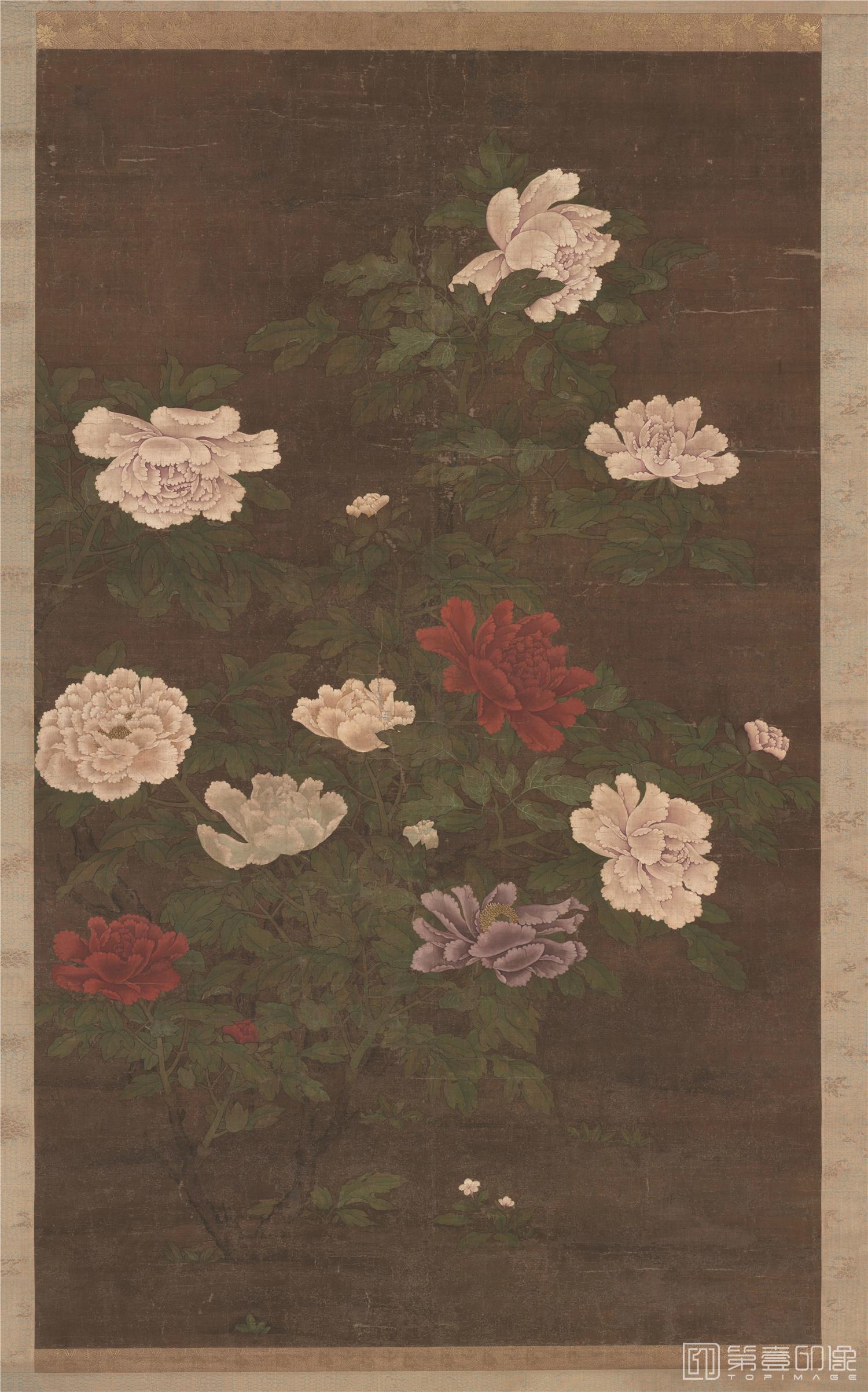 国画-牡丹花卉图轴绢本-10034×419cm