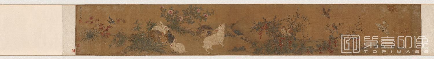 国画-玉兔小鸟图卷绢本-37x248.2