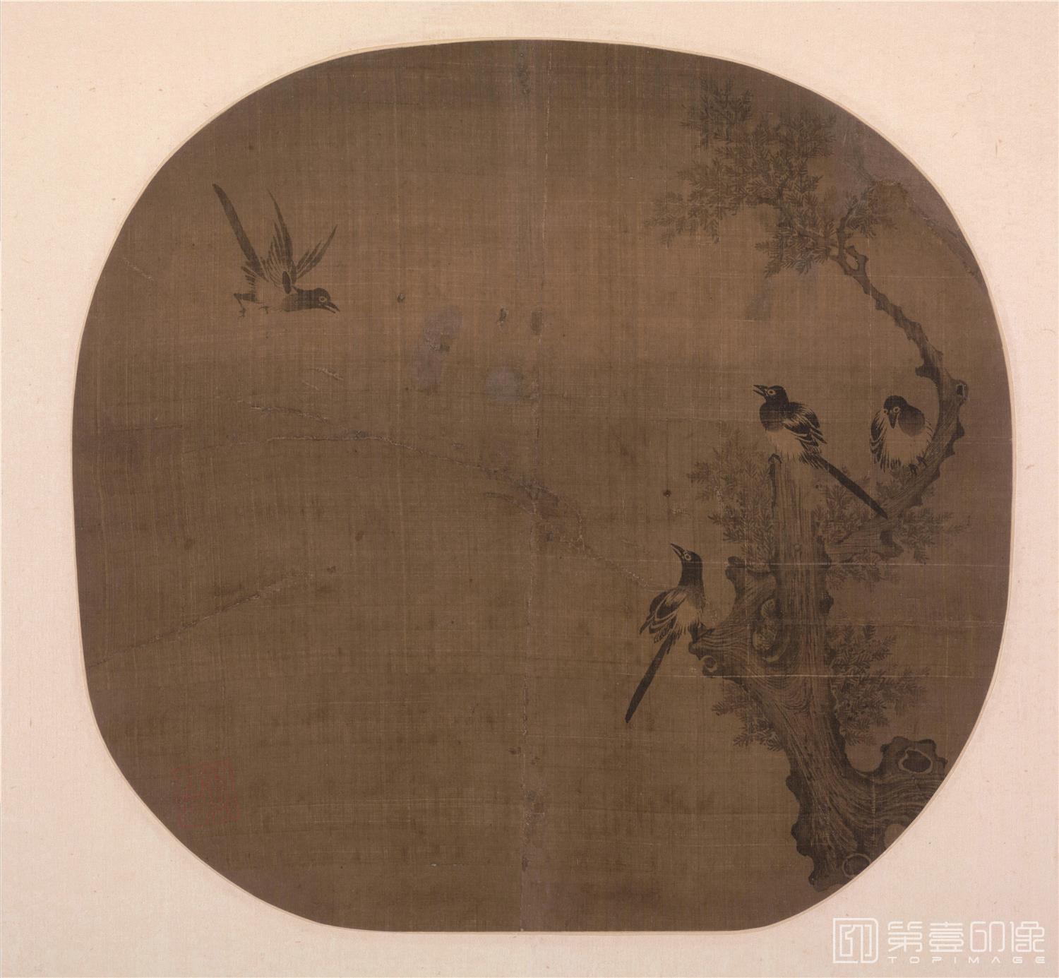 国画-枯柏归雀图绢本-238×249cm