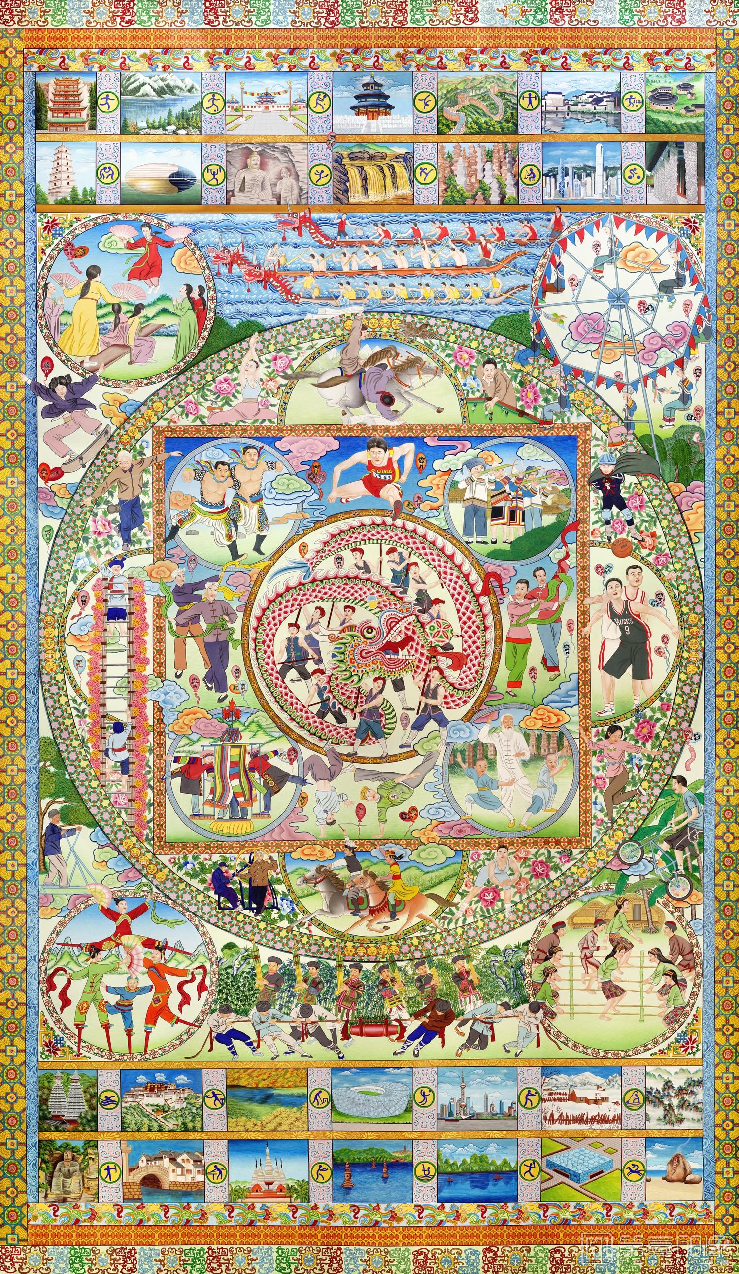 水彩画-唐卡-天地人和-立轴绢本-500x300