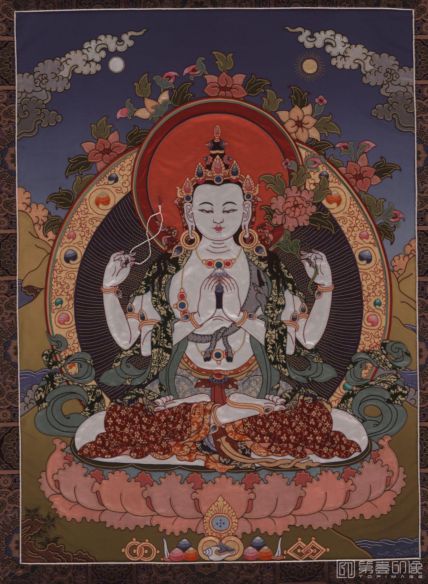 水彩画-唐卡 四臂观音菩萨像绢本-61×83