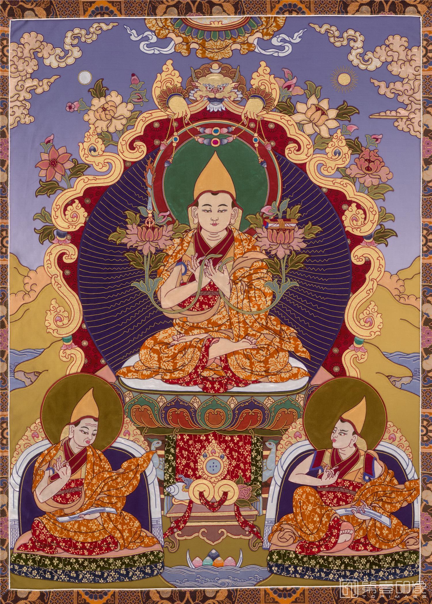 水彩画-唐卡 宗喀巴 (格鲁派创立者头戴黄帽 双手结说法印)立轴绢本 74×103