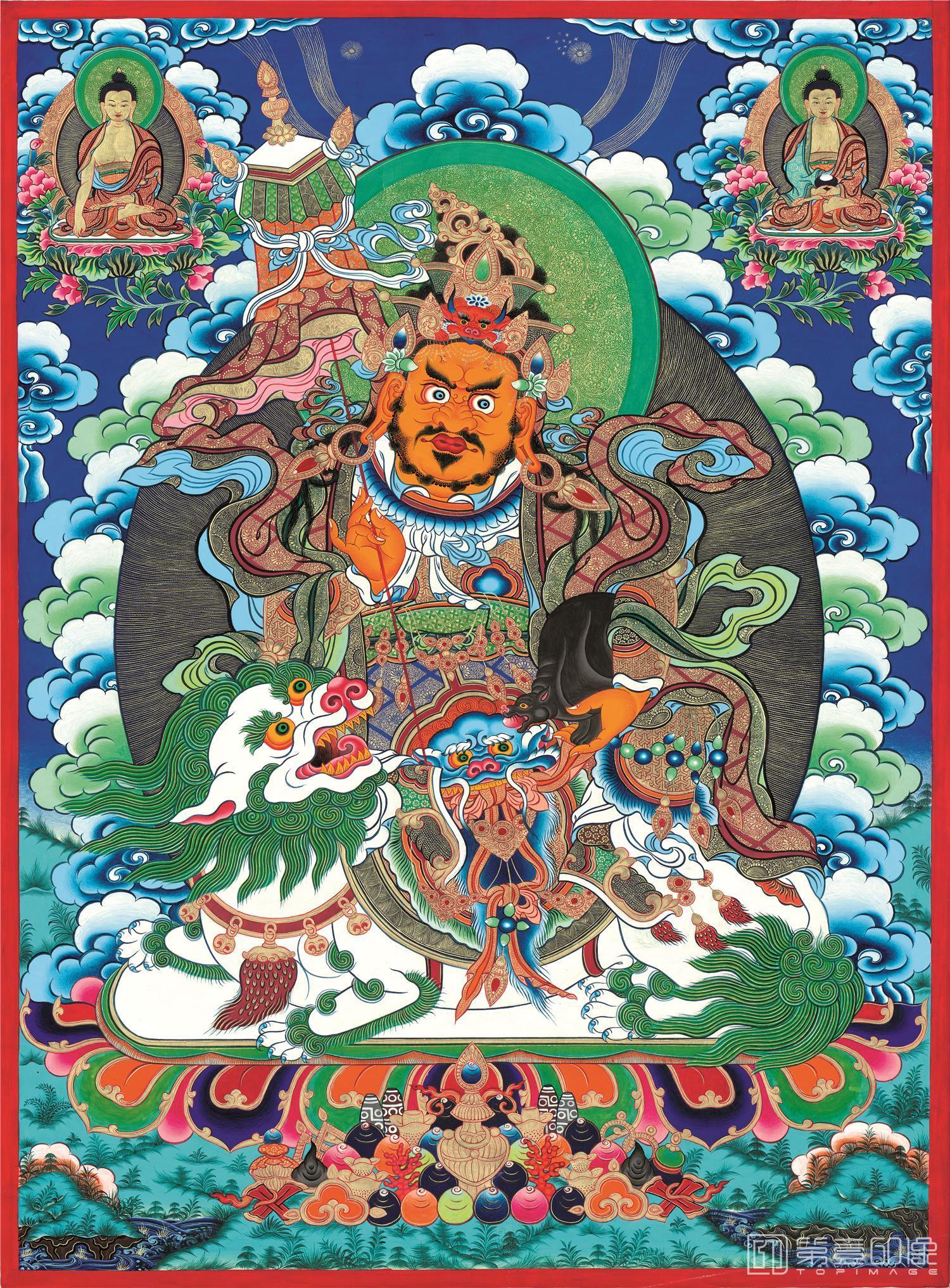 水彩画-唐卡 尼玛泽仁绘 财宝天王 (骑白狮 左托吐宝鼠 右执宝幢)绢本-47x64