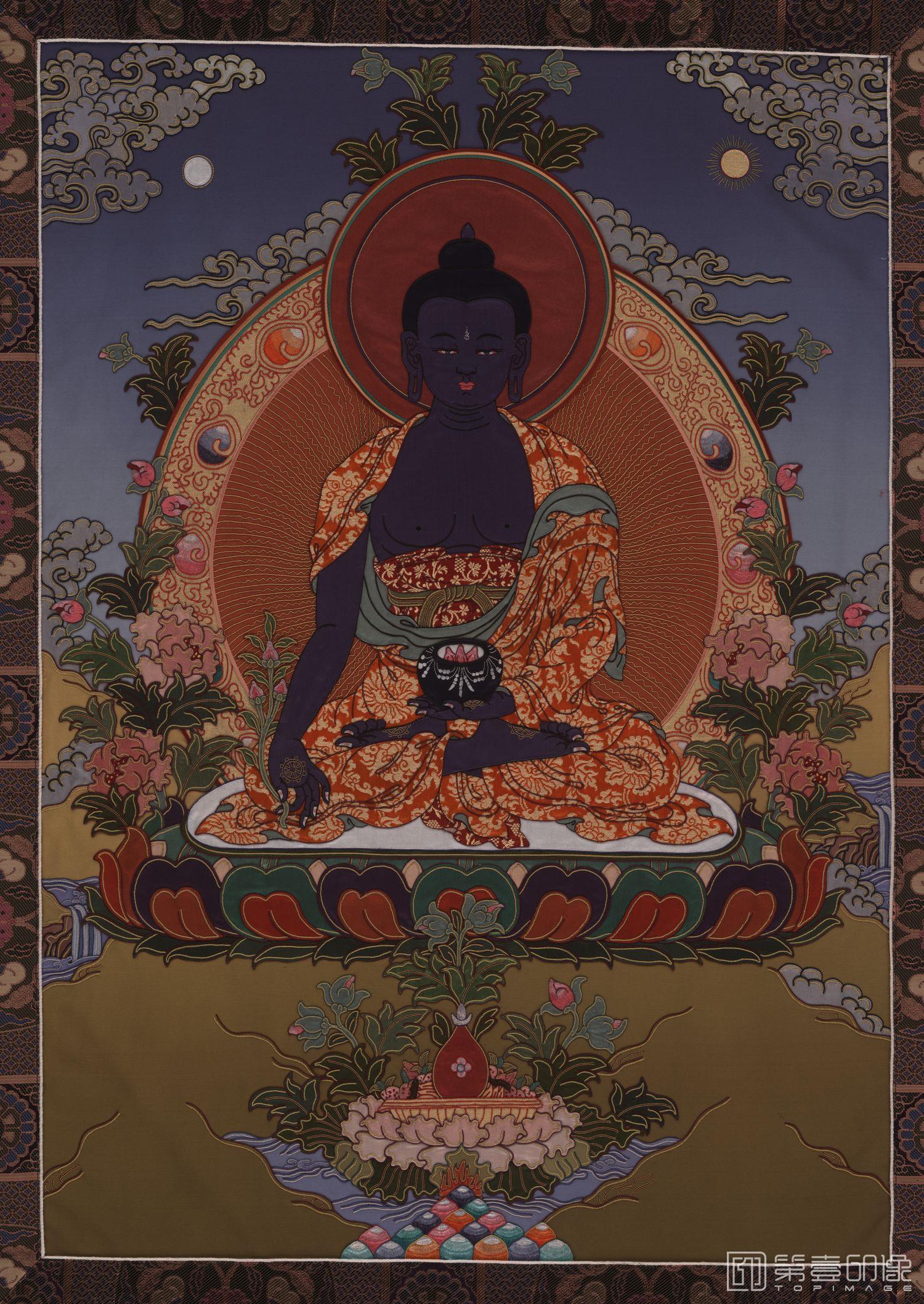 水彩画-唐卡 西藏药师佛 (左手持药钵)立轴绢本-62×87