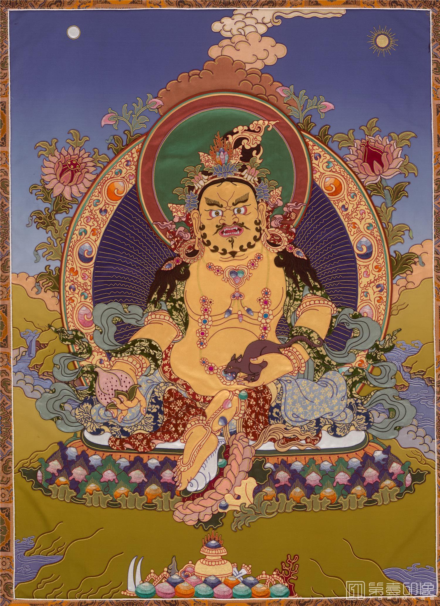 水彩画-唐卡 黄财神 (五姓财神之一 左手托吐宝鼠)立轴绢本-84×61