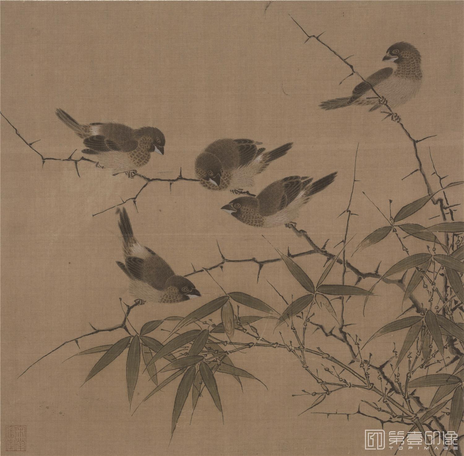 国画-霜筱寒雏图页绢本-8.1x28.7cm