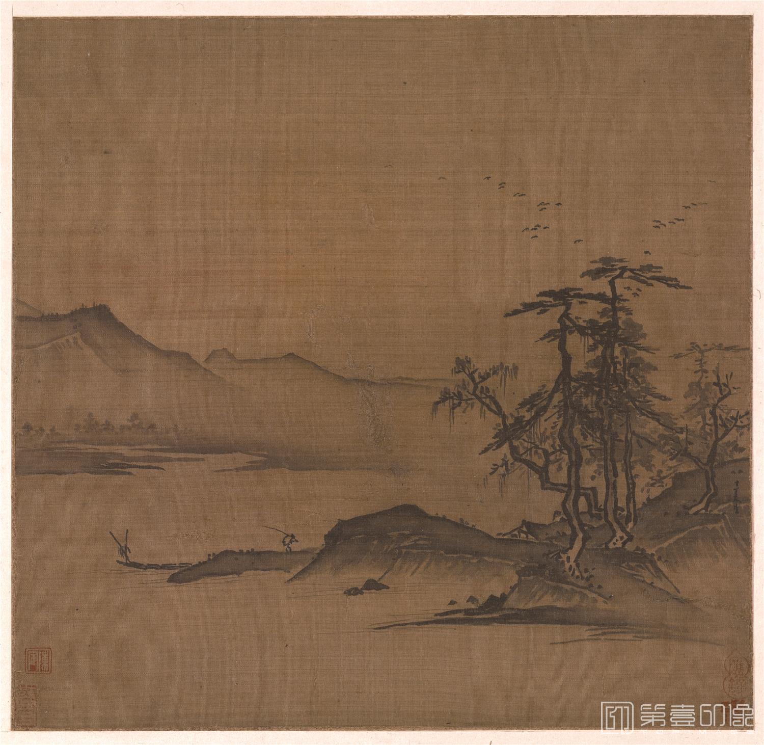 国画-暮色渔村图页绢本-39x38cm