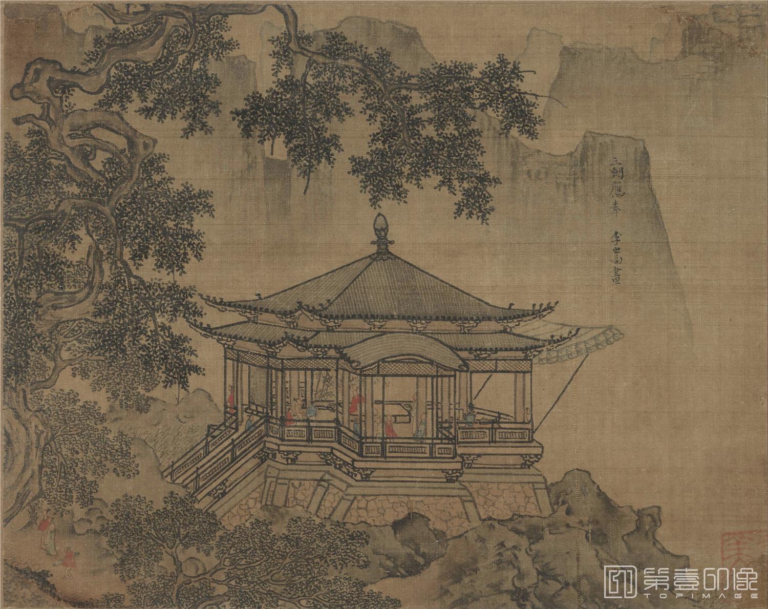 国画-楼阁图绢本-17.8x21cm