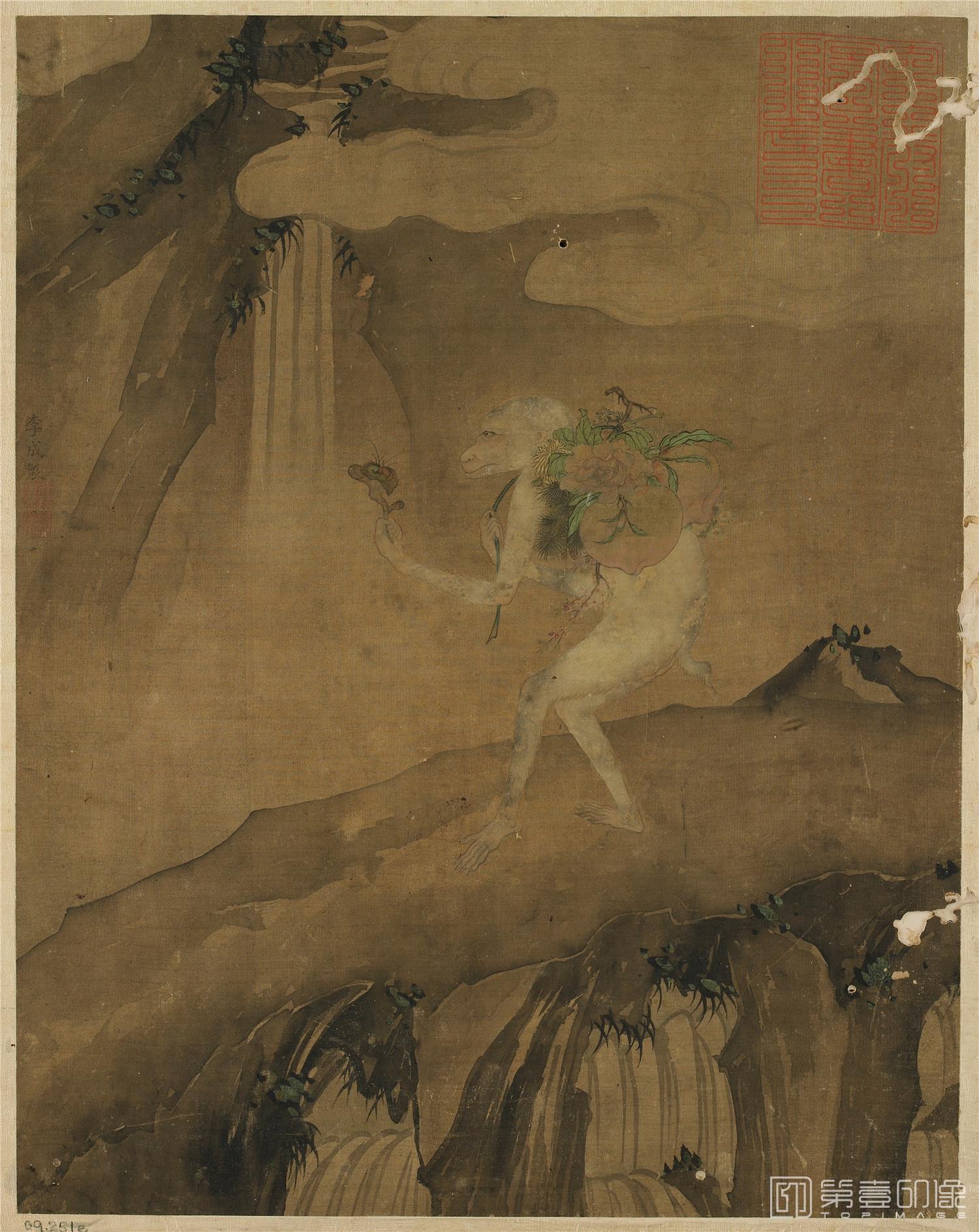 国画-猴子偷桃图绢本-42x33