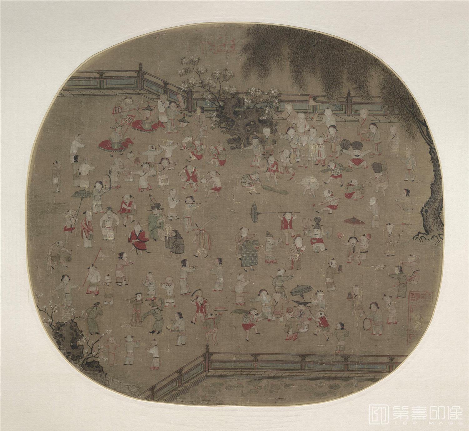 国画-百子游园图绢本-28.7×31.2cm