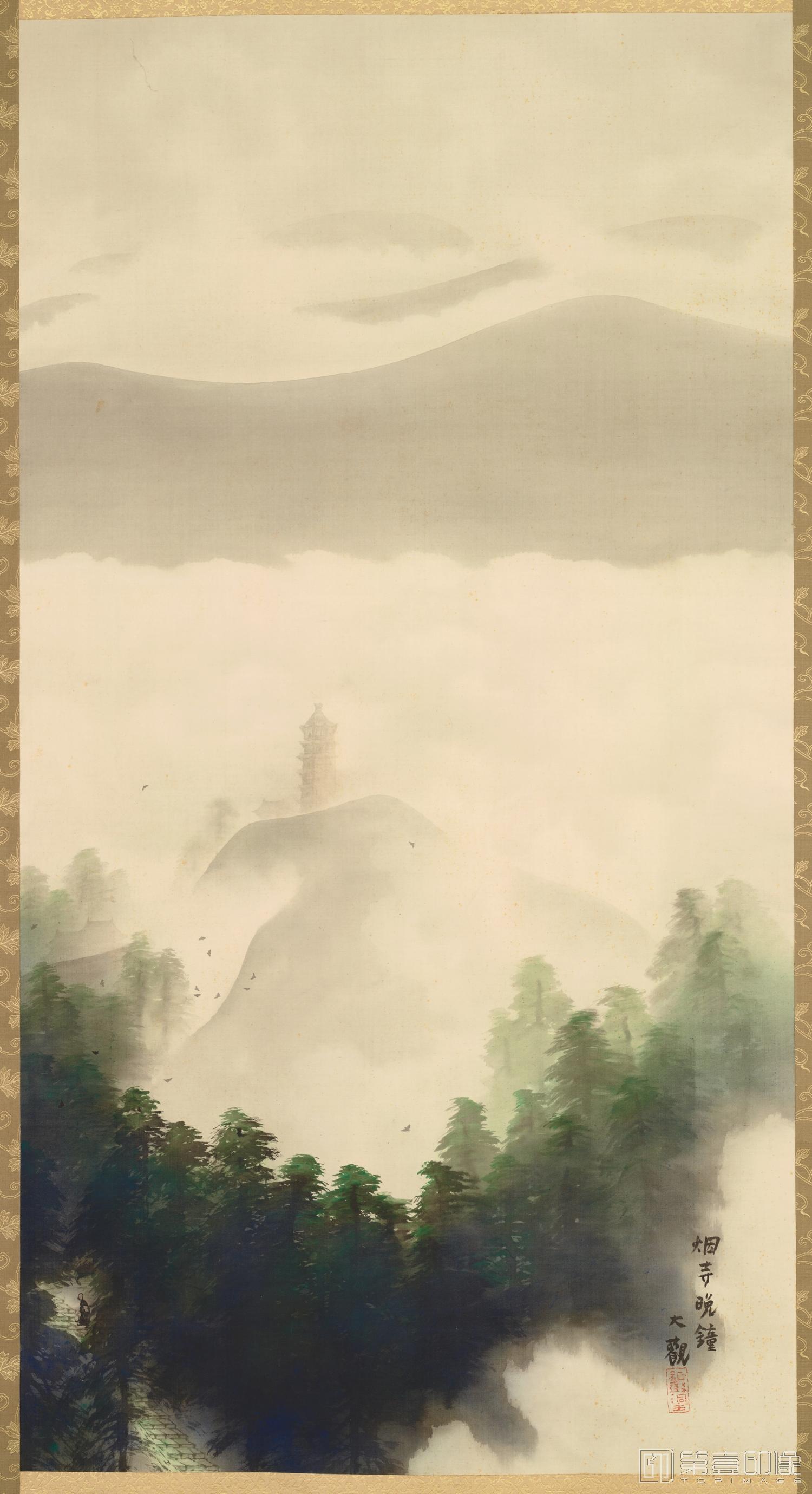 国画-日本大正元年 横山大观 潇湘八景-3-烟寺晚钟绢本 (东京)-1136×606