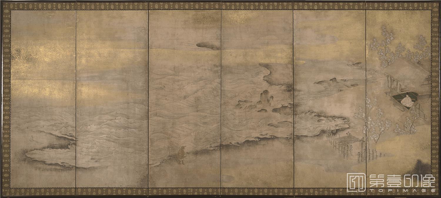 国画-日本桃山时期 流亡的皇帝屏风-102×227