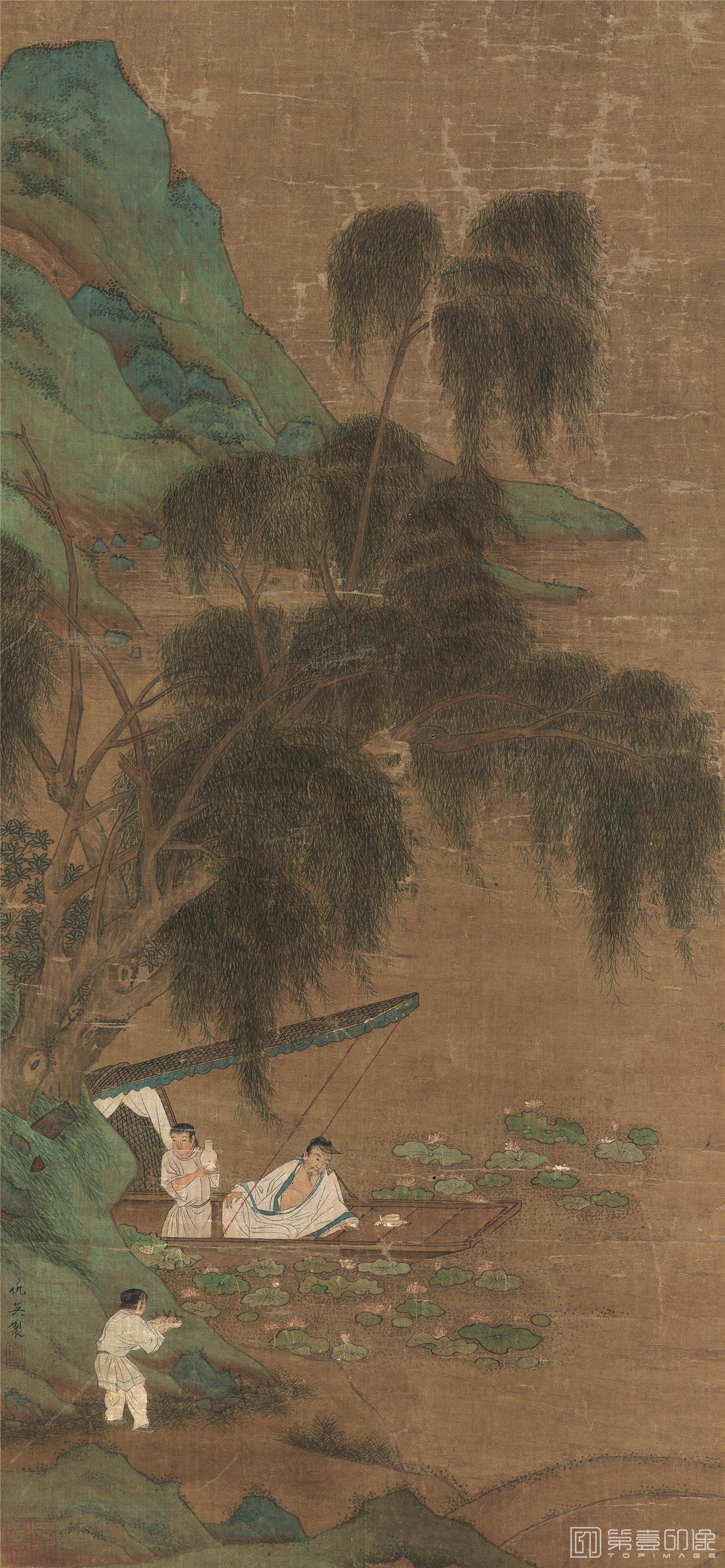 国画-周茂叔爱莲图绢本立轴-65×30