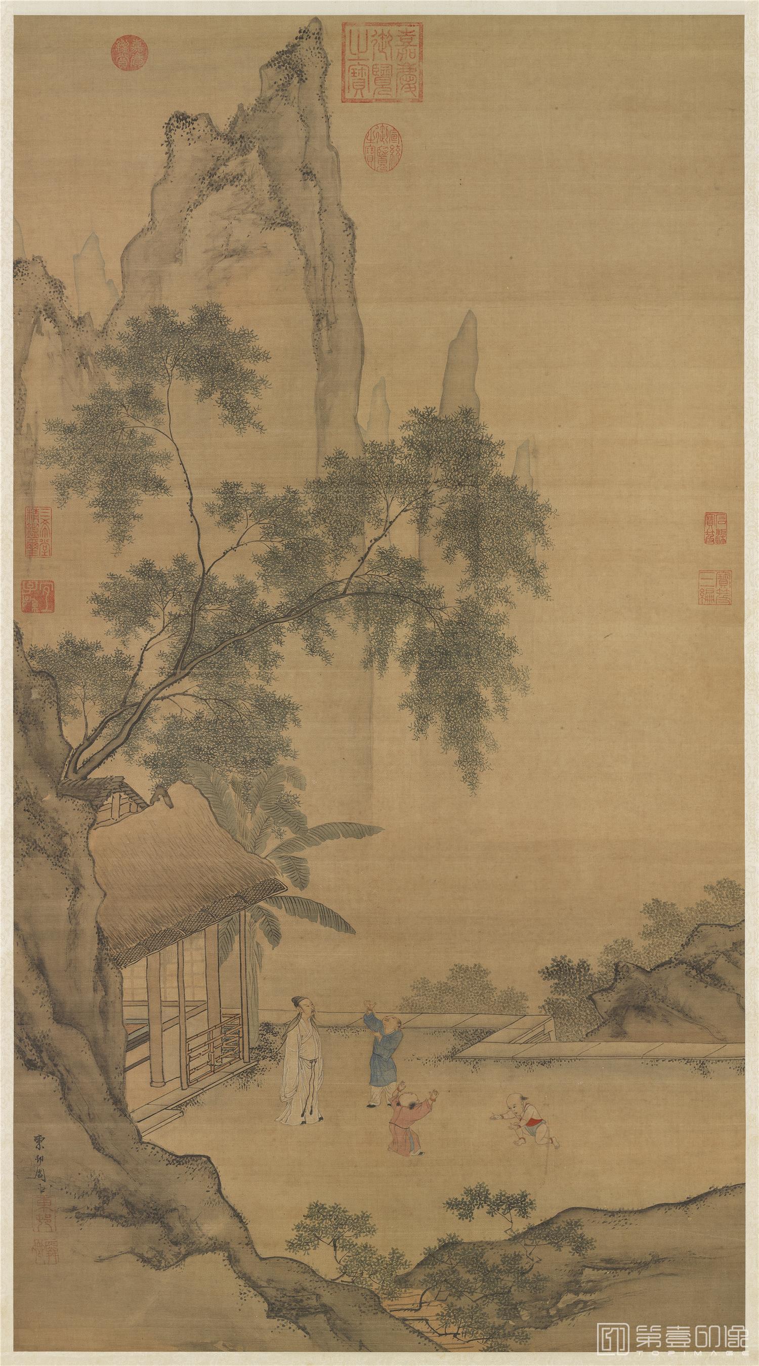 国画-画闲看儿童捉柳花句意绢本-1166×635cm