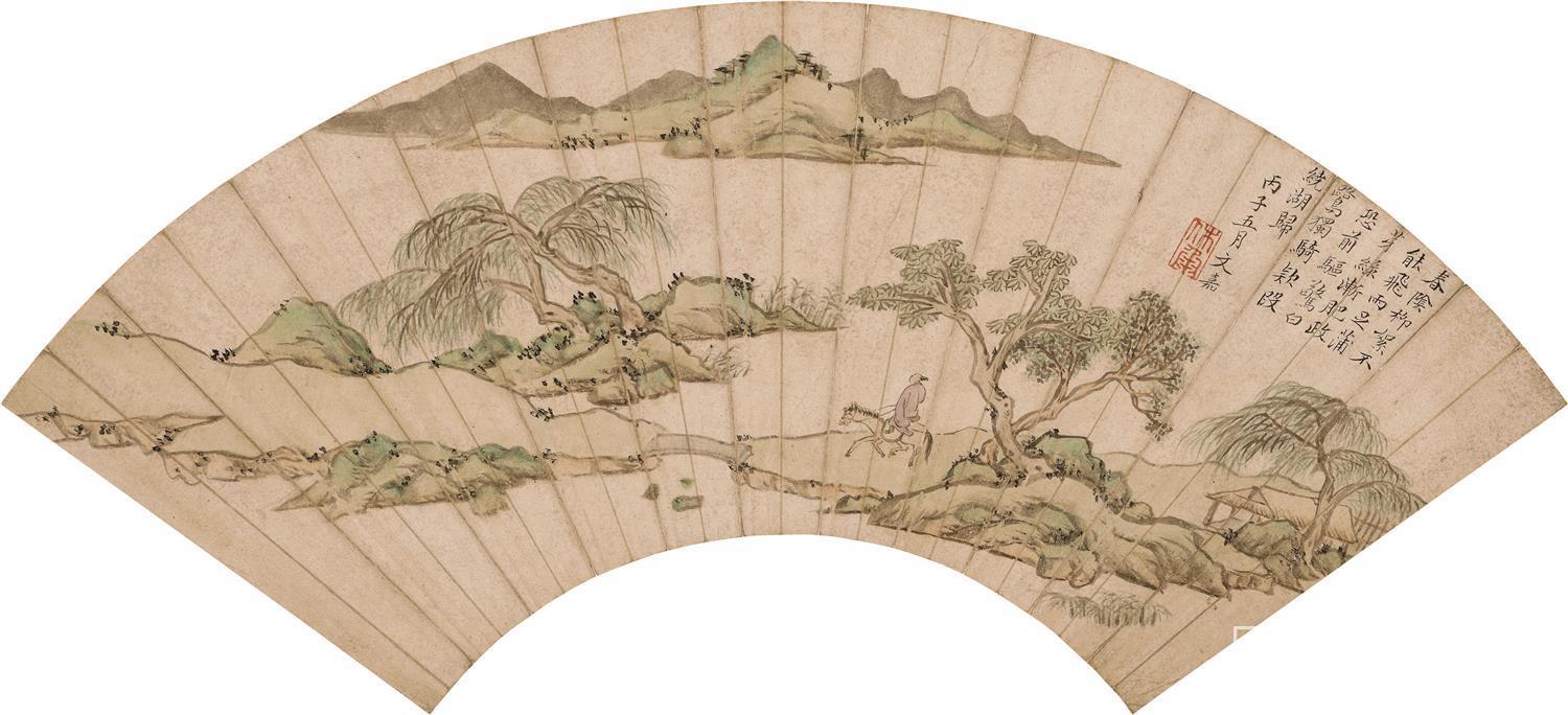 国画-春岸归骑图扇面-22×49