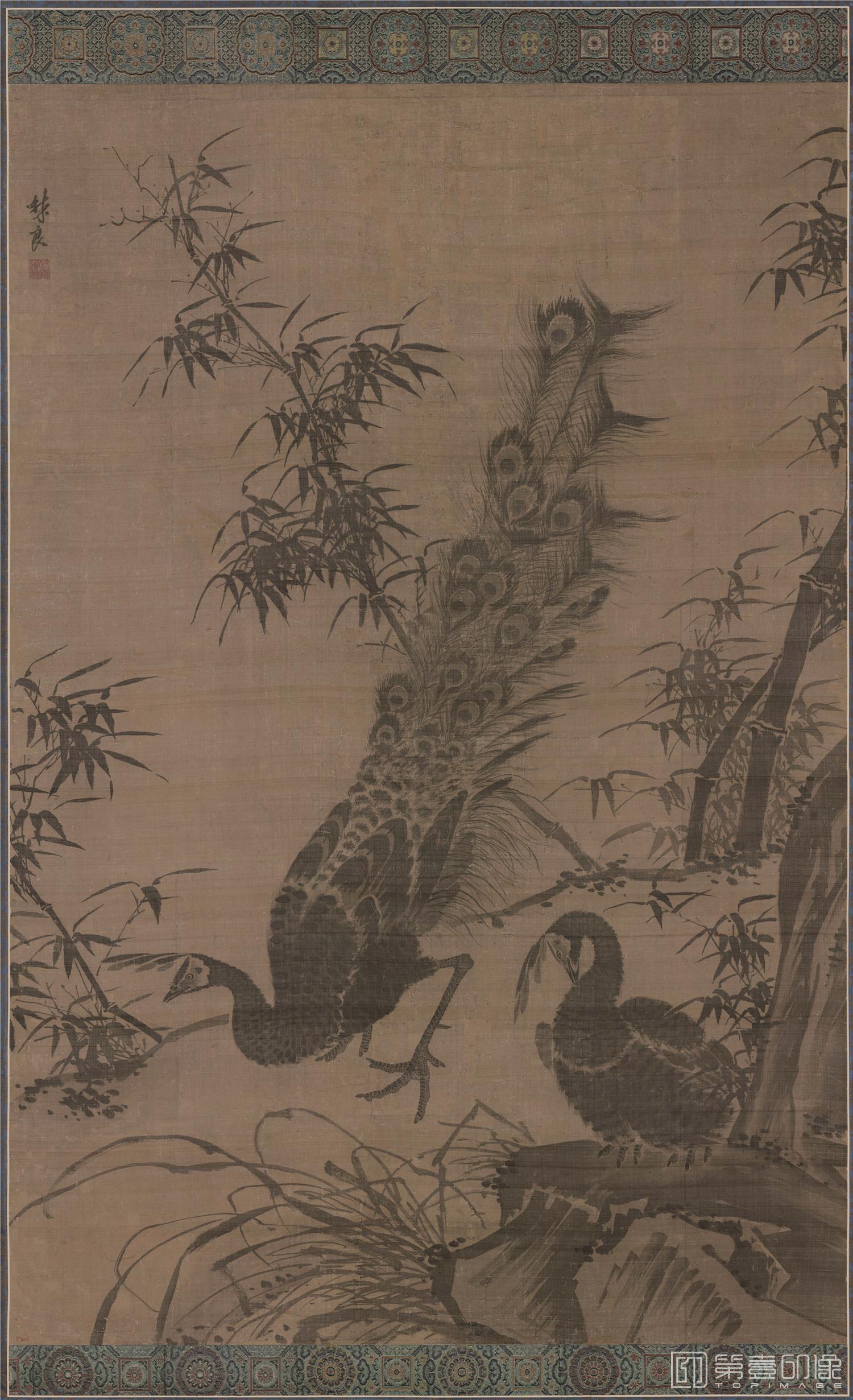 国画-孔雀双栖图轴绢本-605×421cm