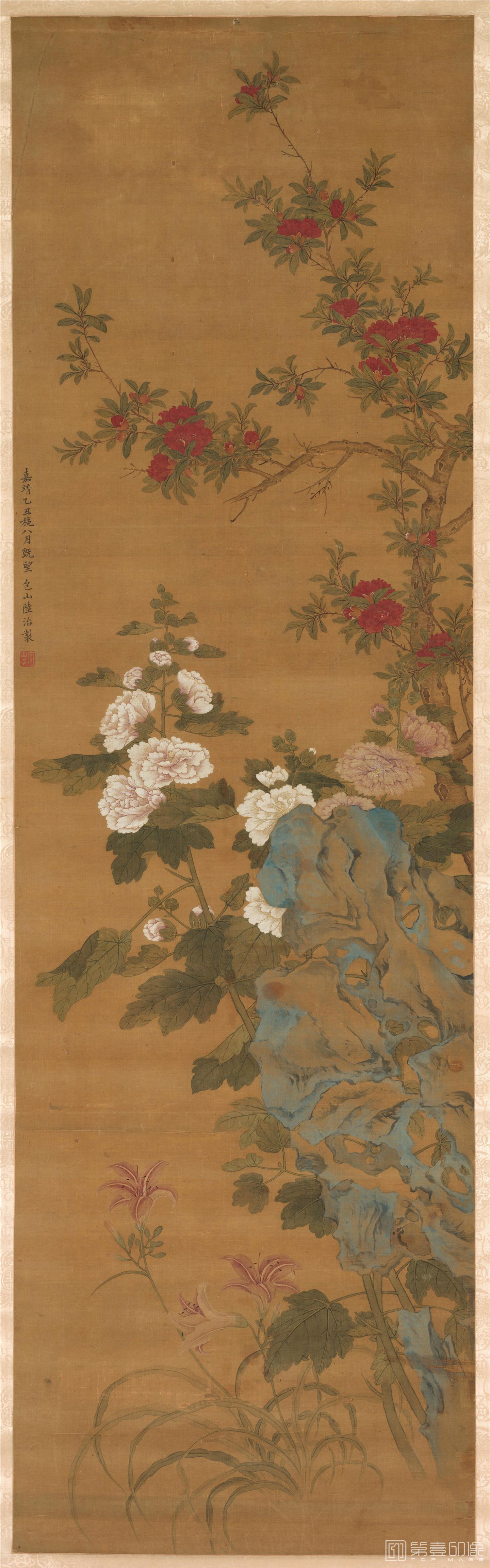 国画-牡丹图立轴绢本-1626×486cm