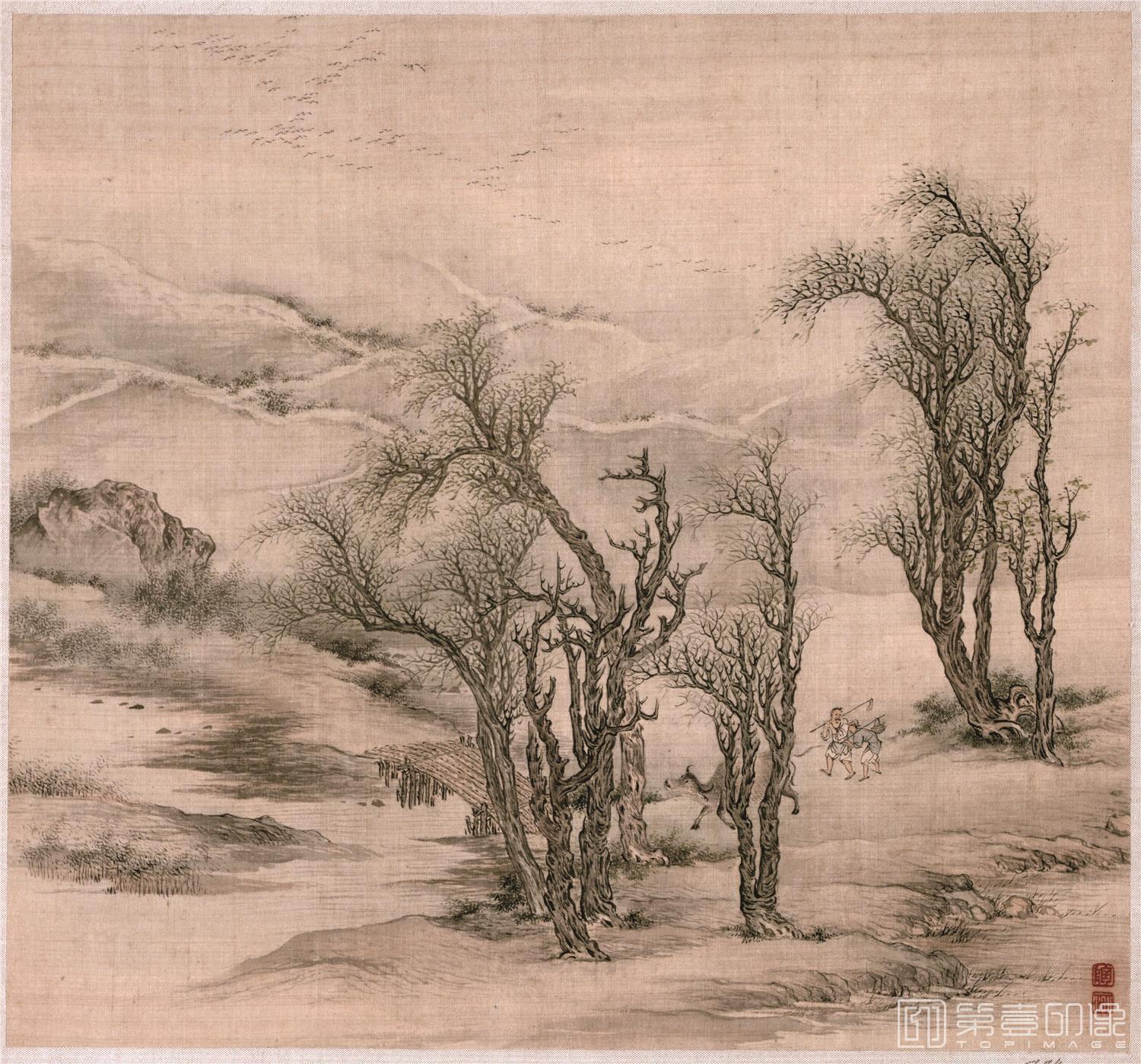 国画-平林暮归图绢本-36×34cm