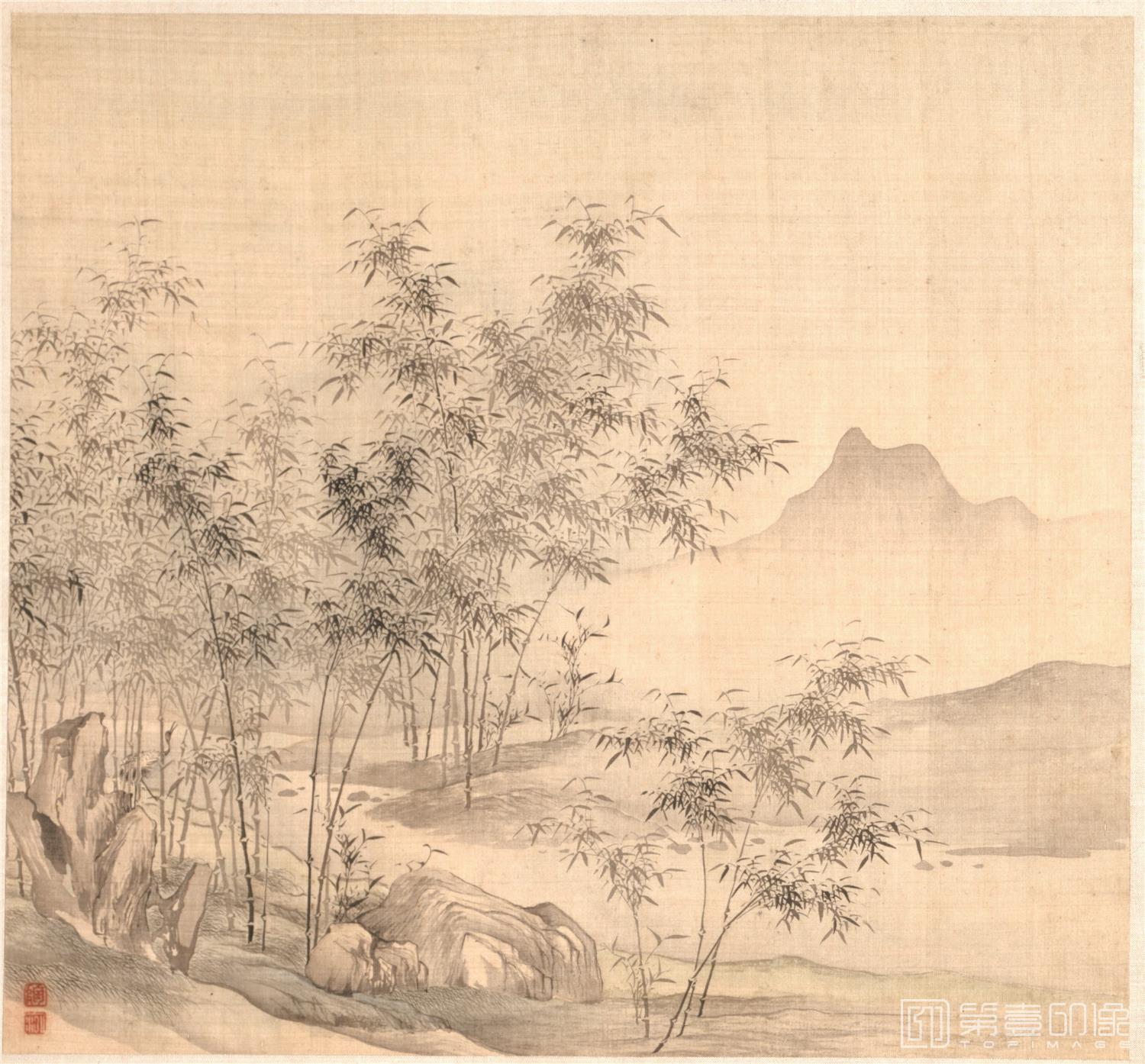 国画-竹林孤鹤图页绢本-31×29cm