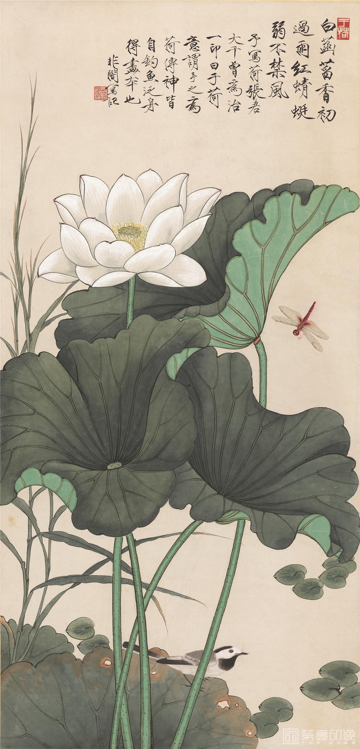 国画-荷塘蜻蜓翠鸟图-纸本454×945