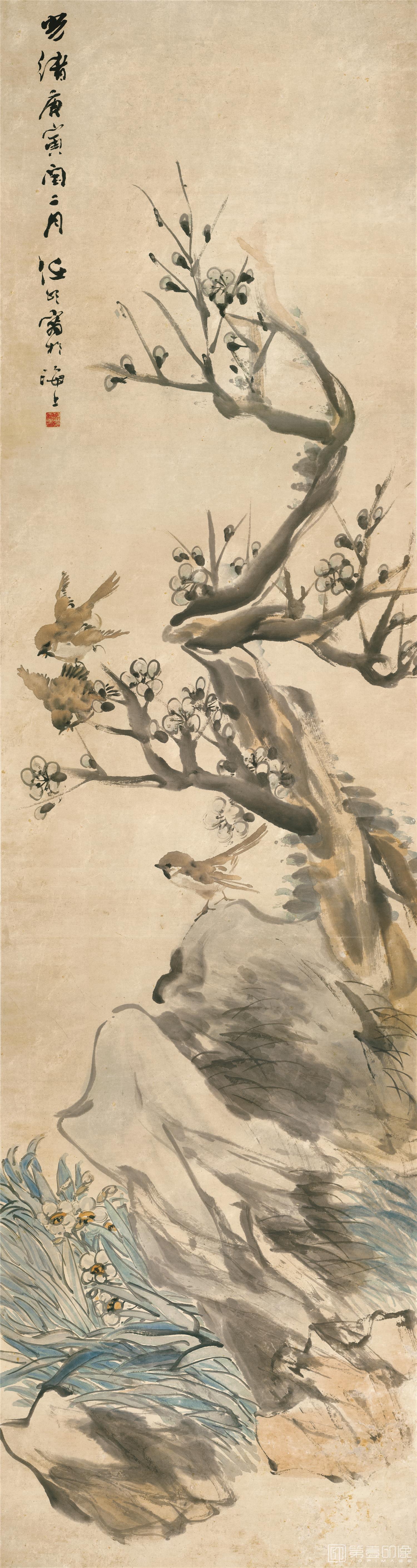国画-梅雀图立轴纸本-40×150