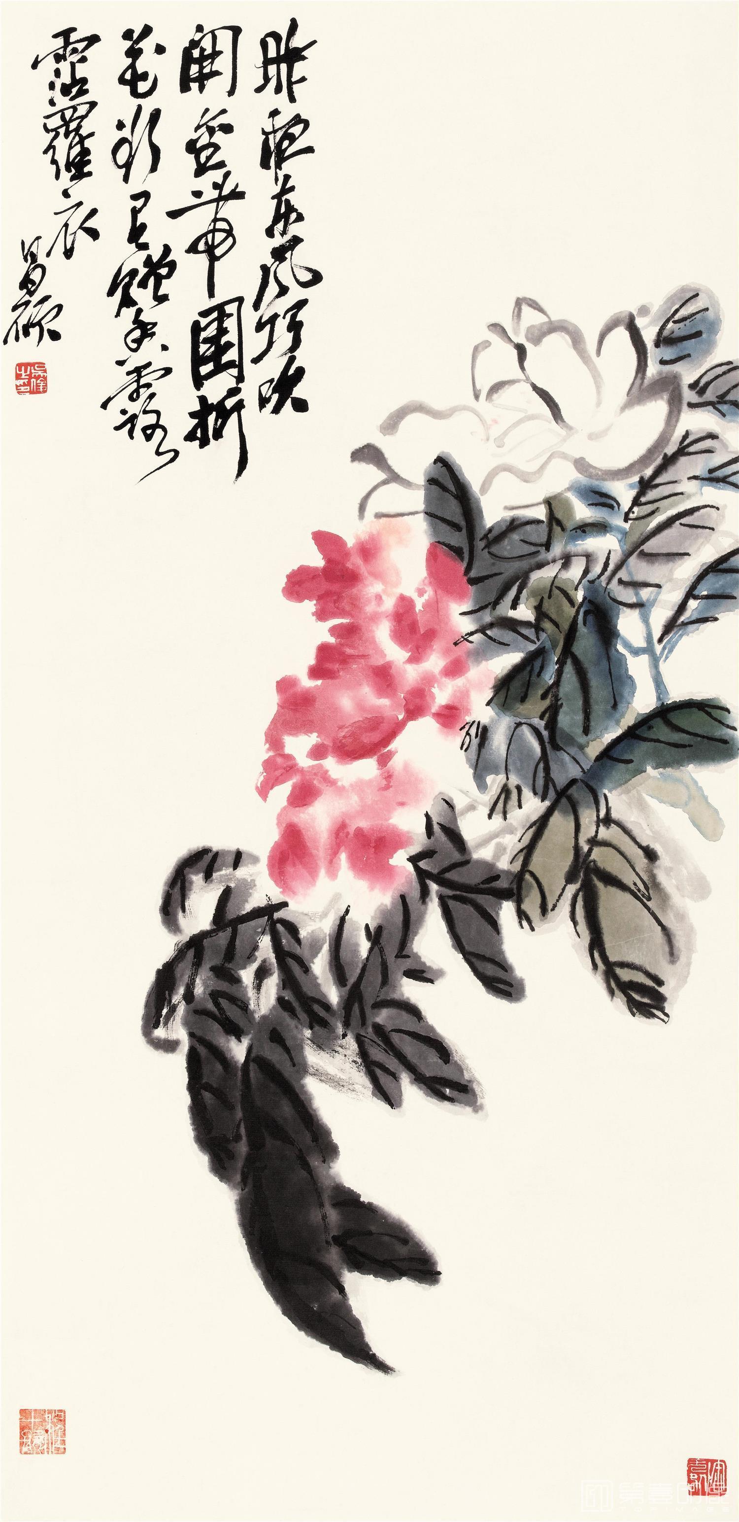 国画-朝日红荷图立轴纸本-36×76