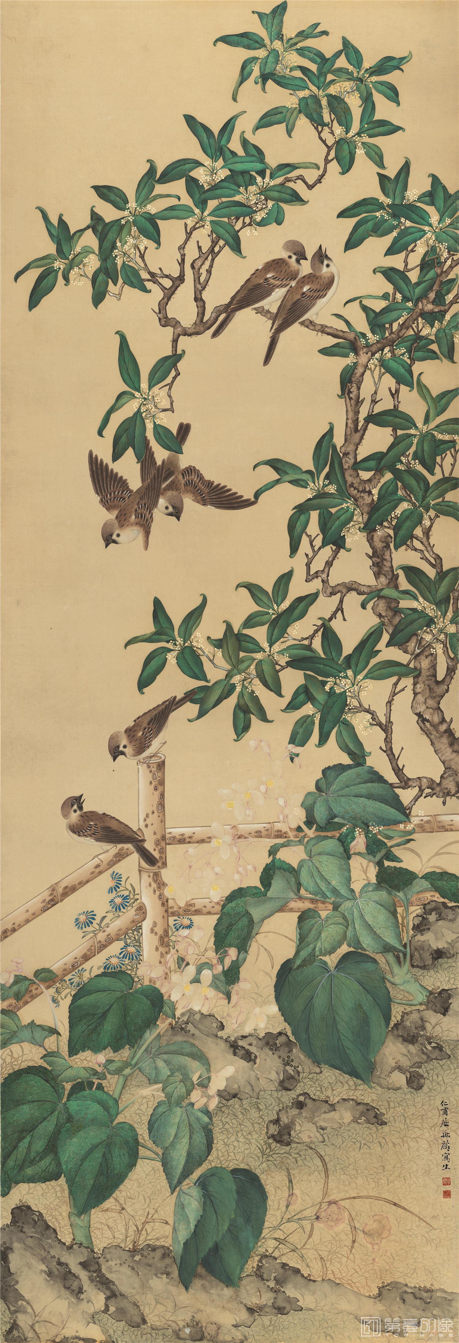 国画-梧桐山雀 绢本 51×150cm