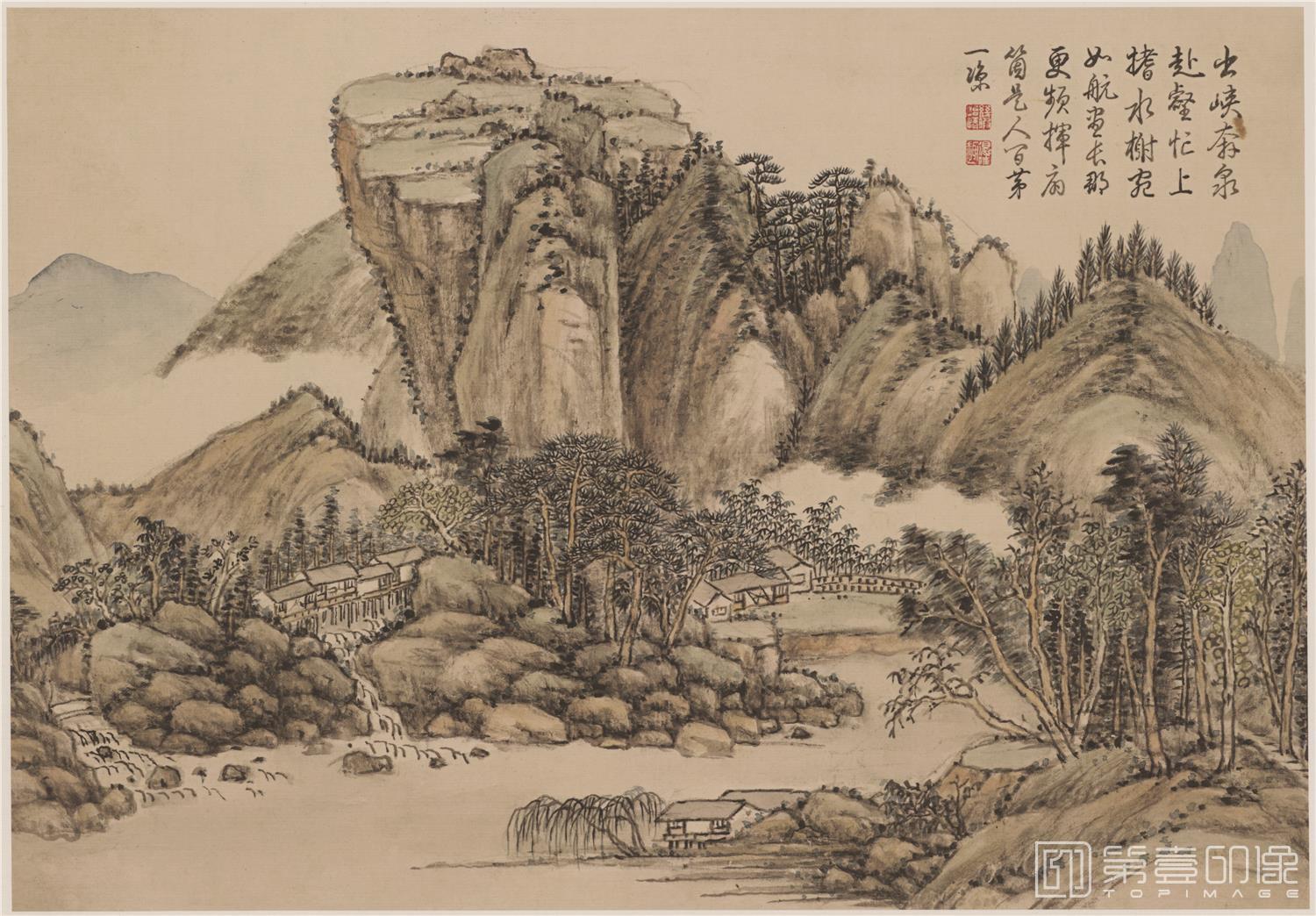 国画-山水山峡奔泉图页-46×32