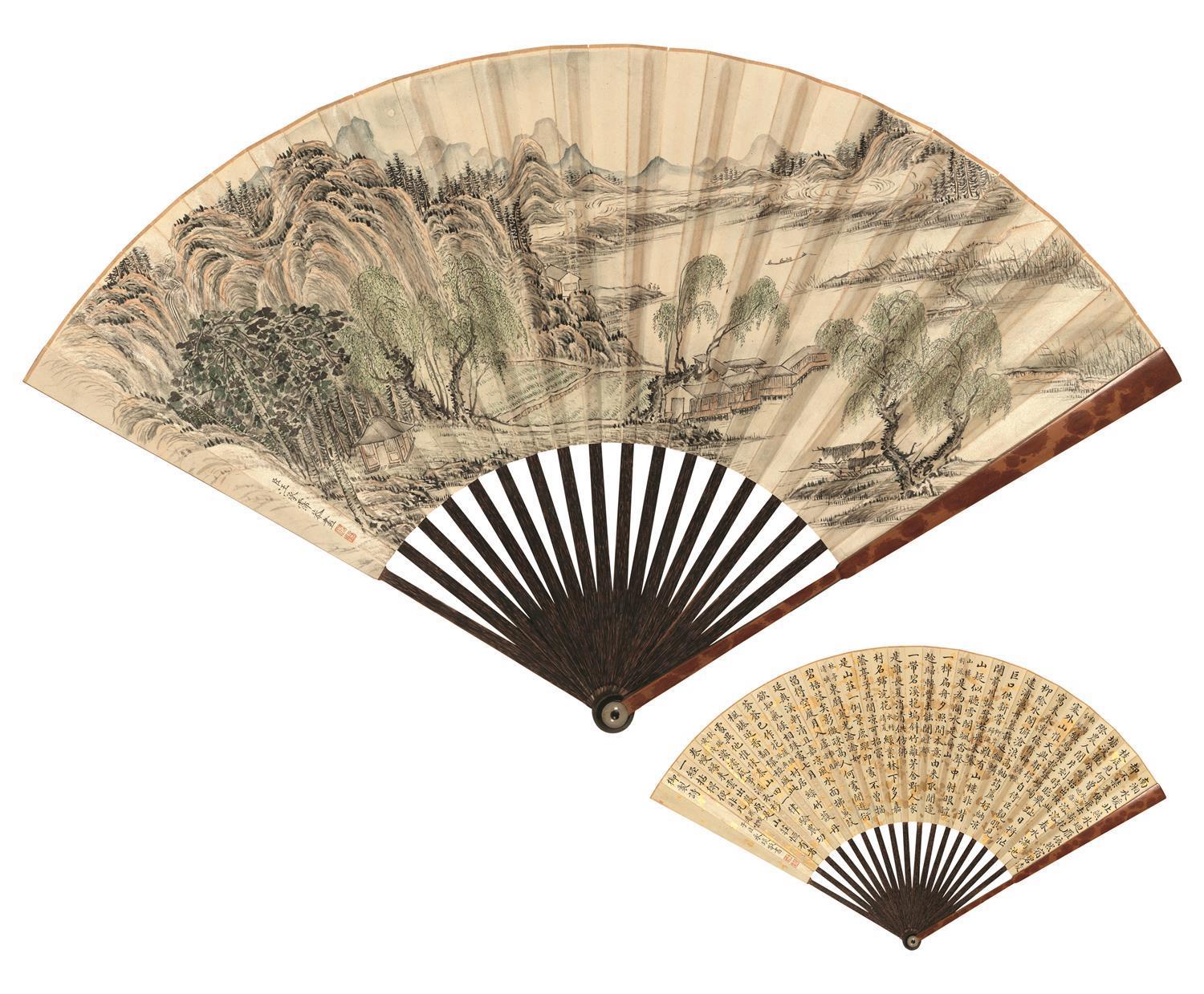 国画-绿柳行舟图镜心纸本-17×47