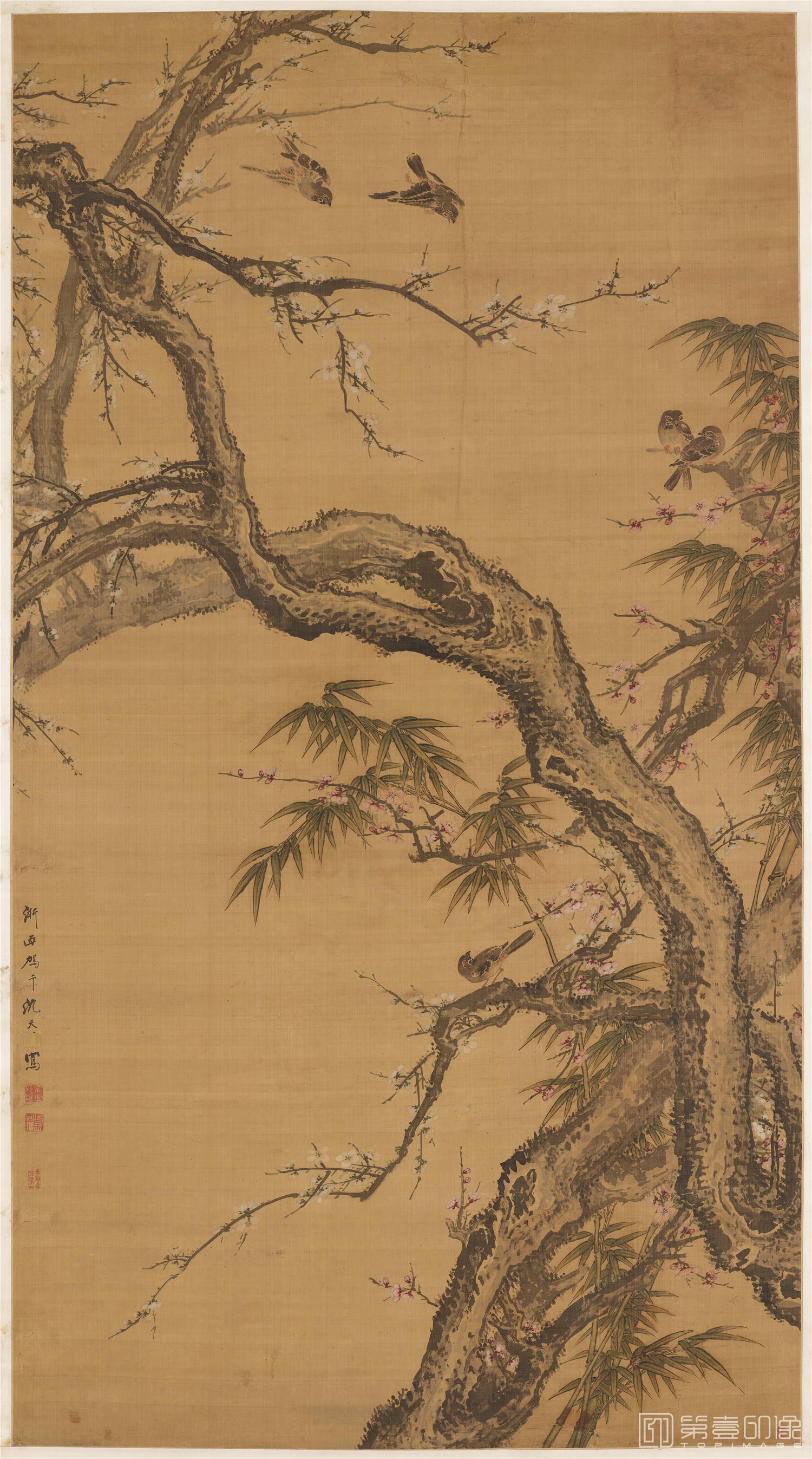 国画-梅雀图立轴绢本-1737×958cm