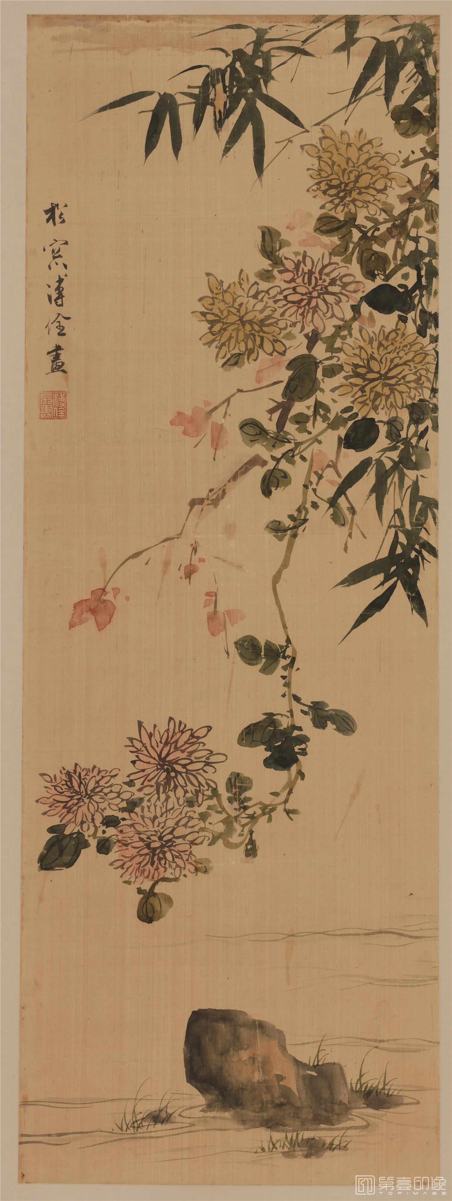 国画-竹菊图立轴绢本-53×141