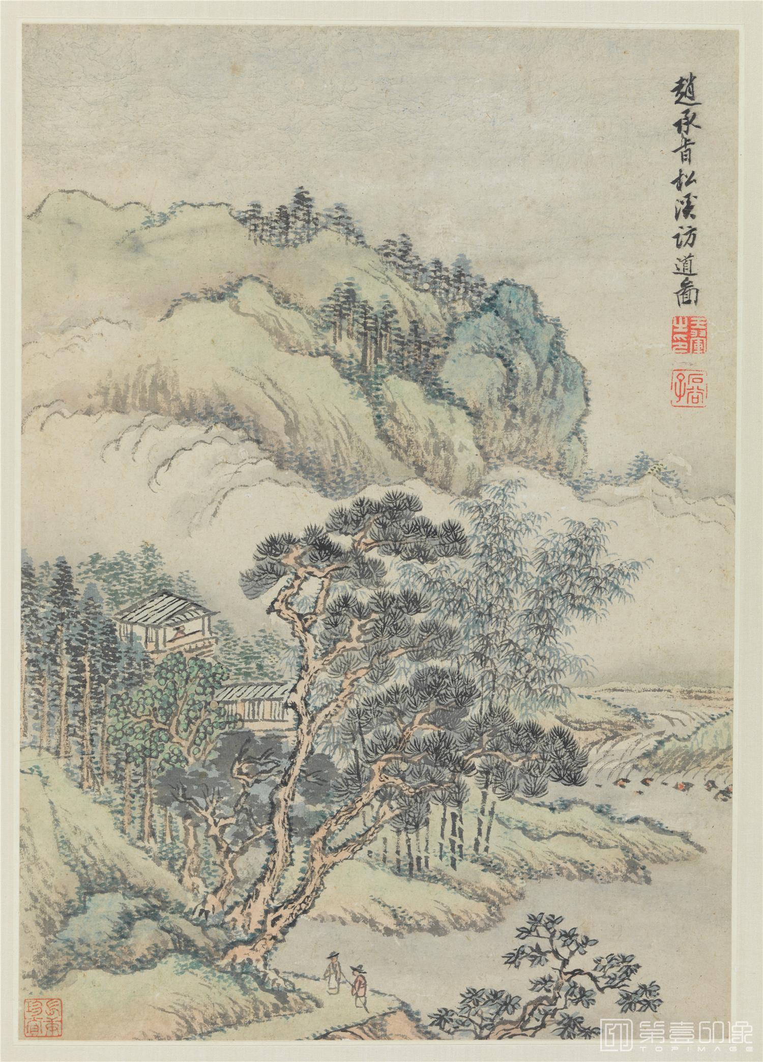 国画-摹古山水松溪访道图纸本-51×70