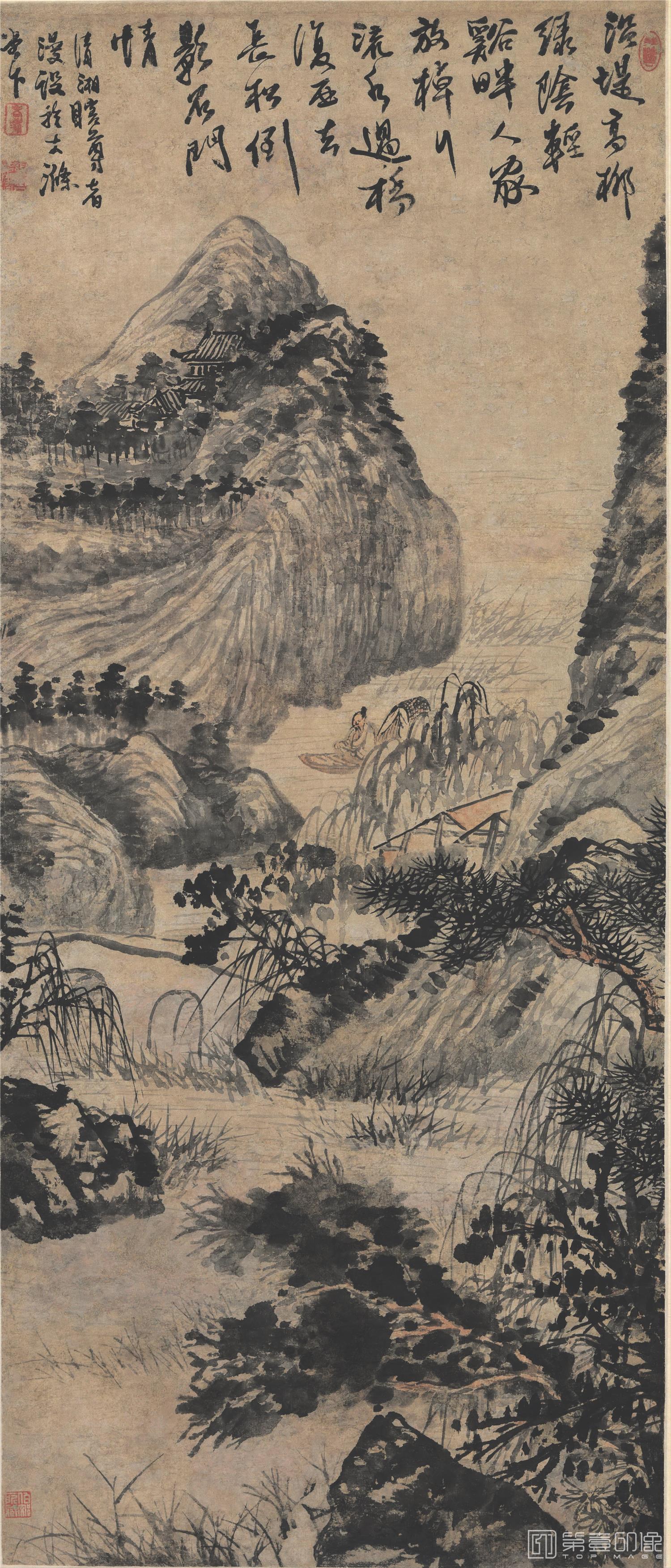 国画-柳溪行舟图纸本-103×44