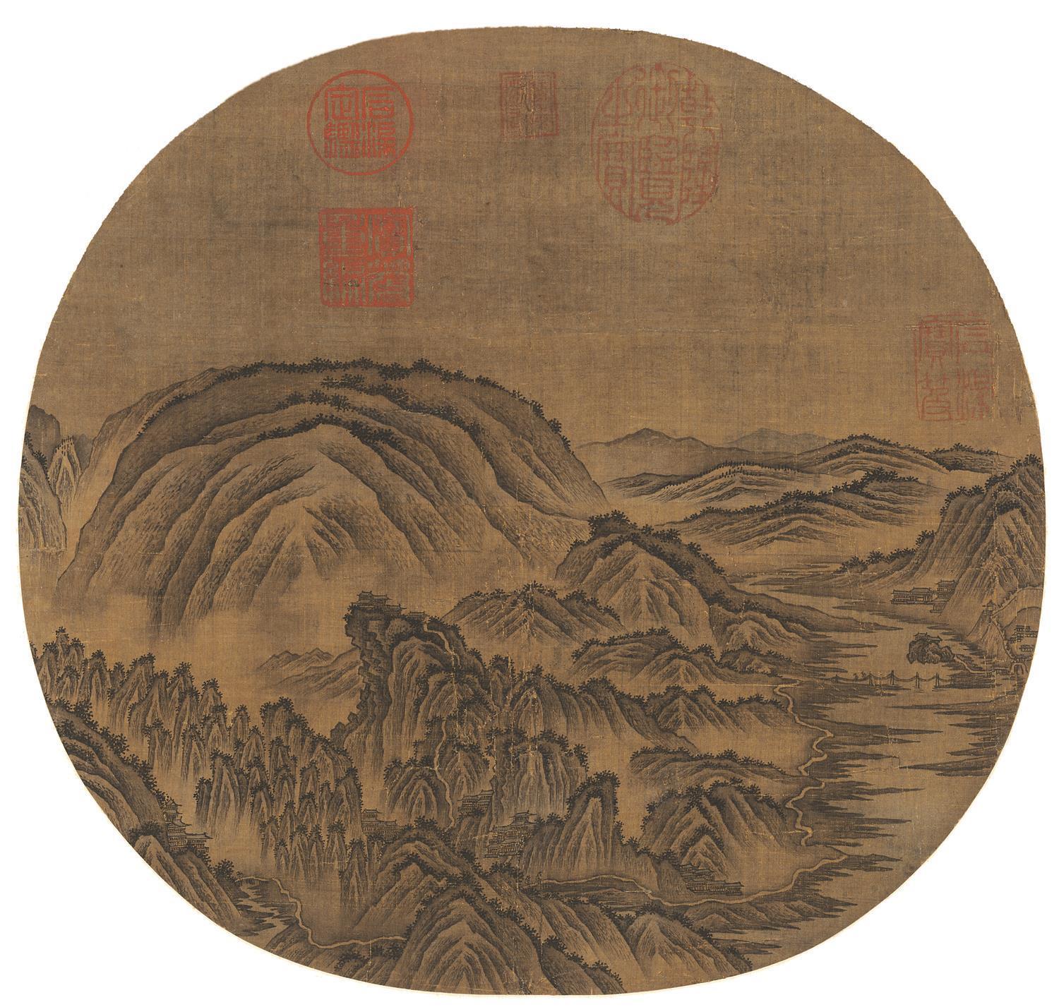 国画-峻岭溪桥图-绢本-25X26cm