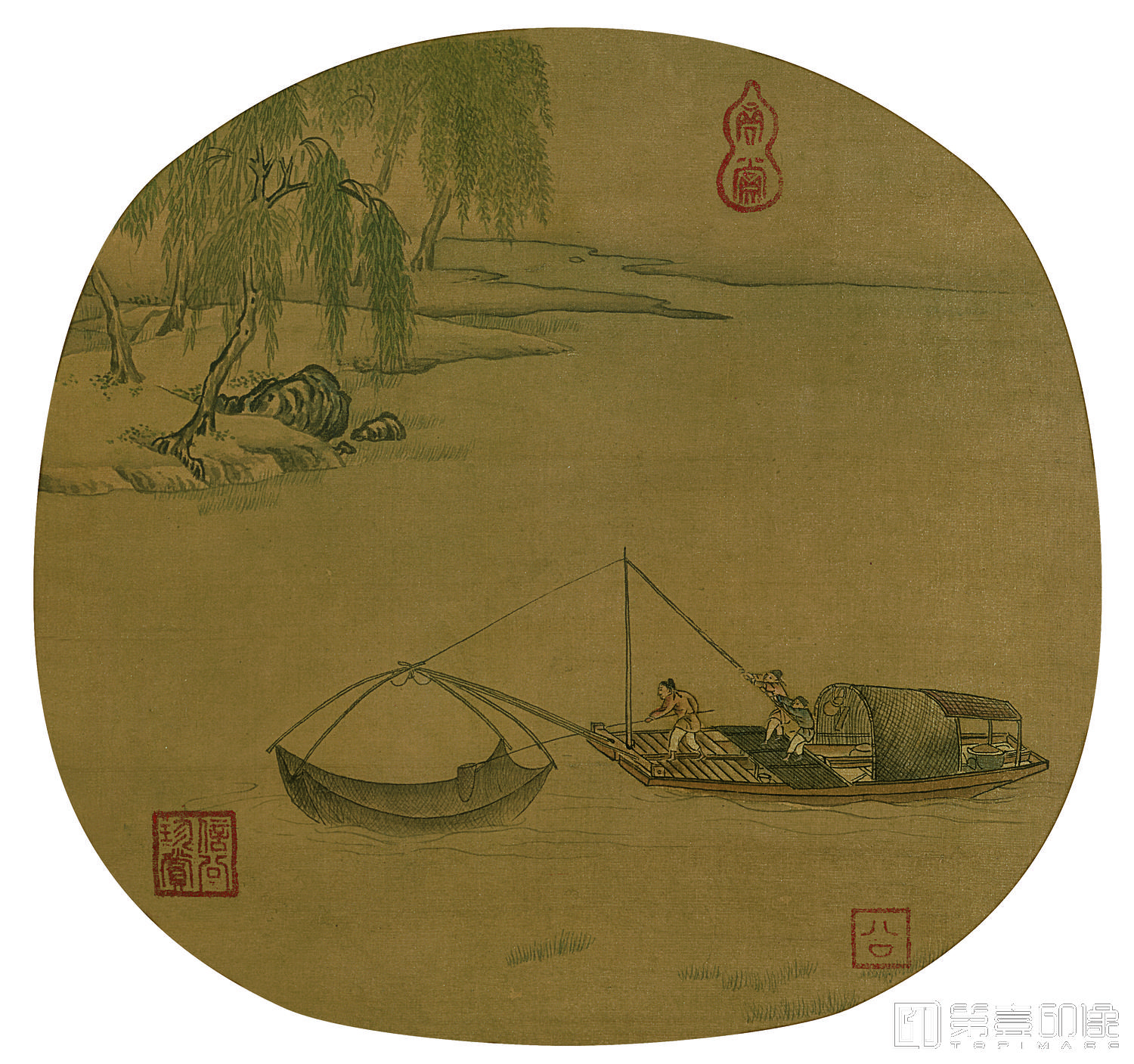 国画-扇面-船家