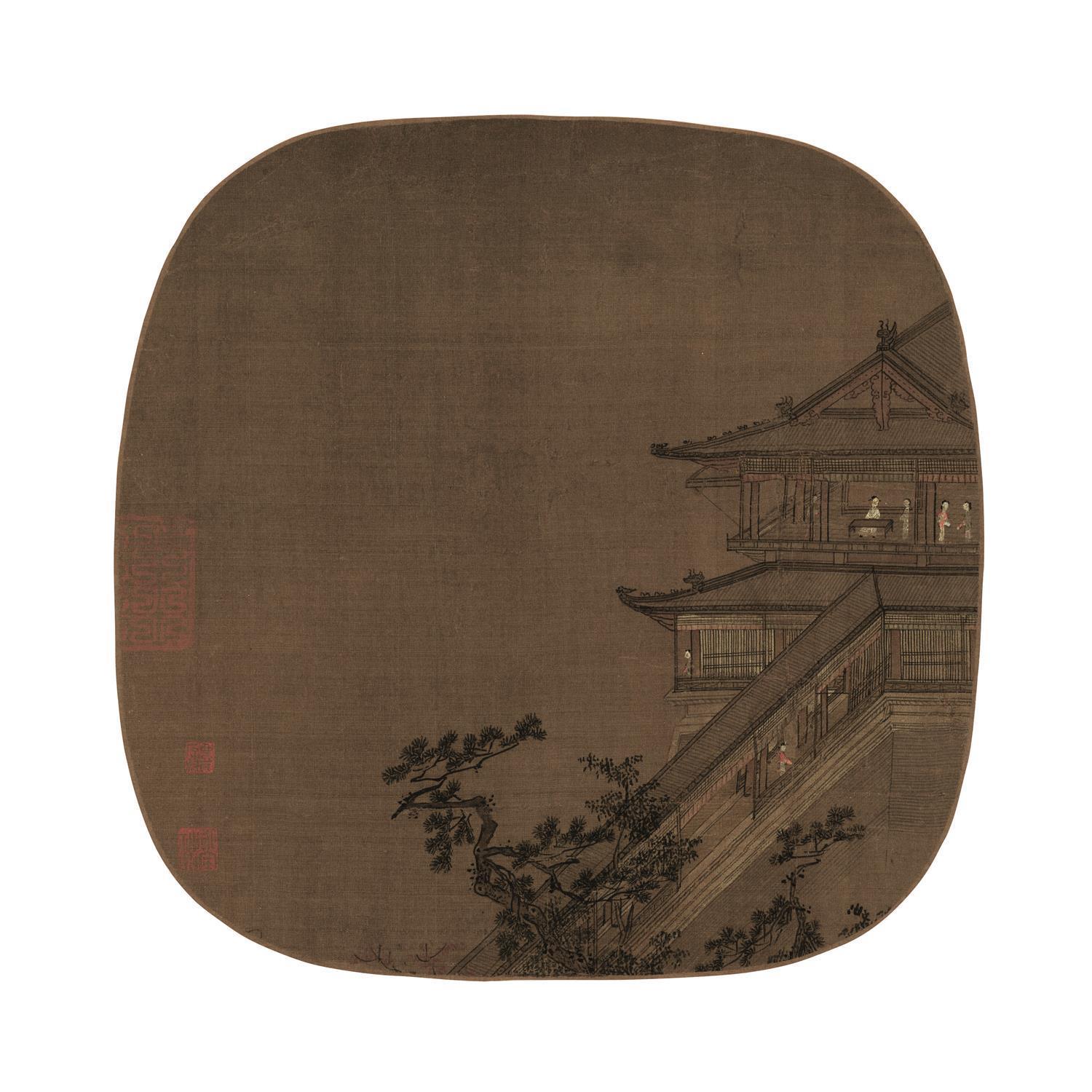 国画-扇面-高阁凌空图-27.3X27.3cm