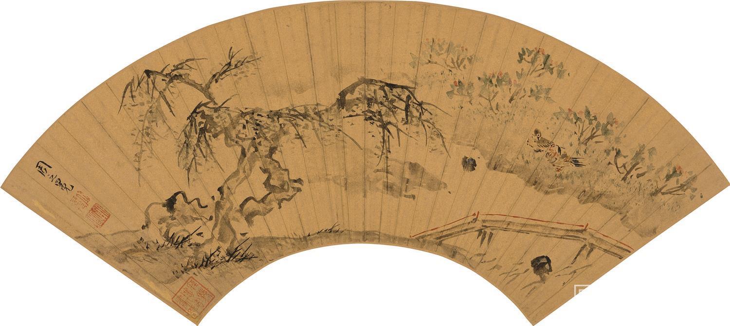国画-桃花鸳鸯图扇面